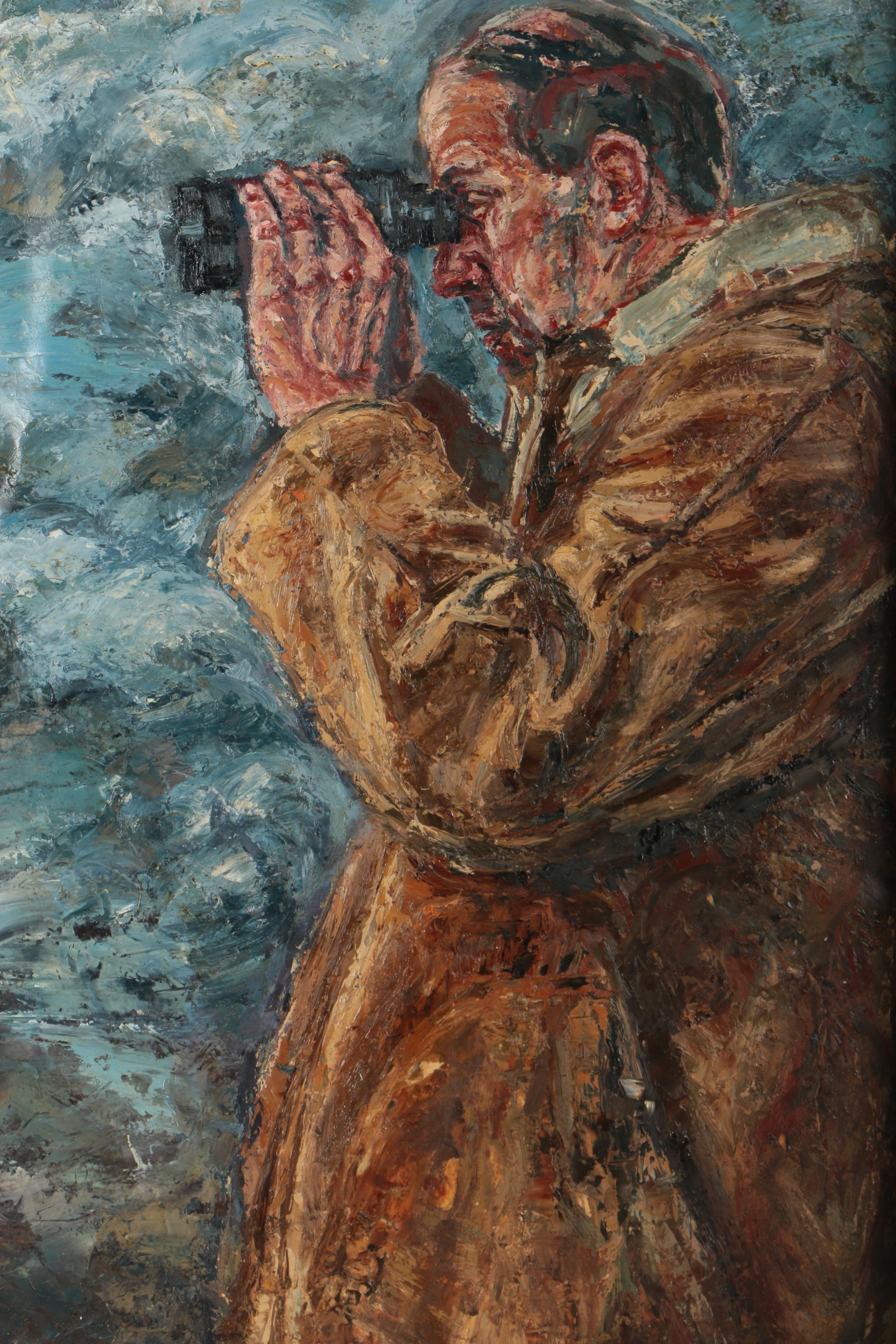 Tim Pryke Oil Painting on Paper "Man With Binoculars"
