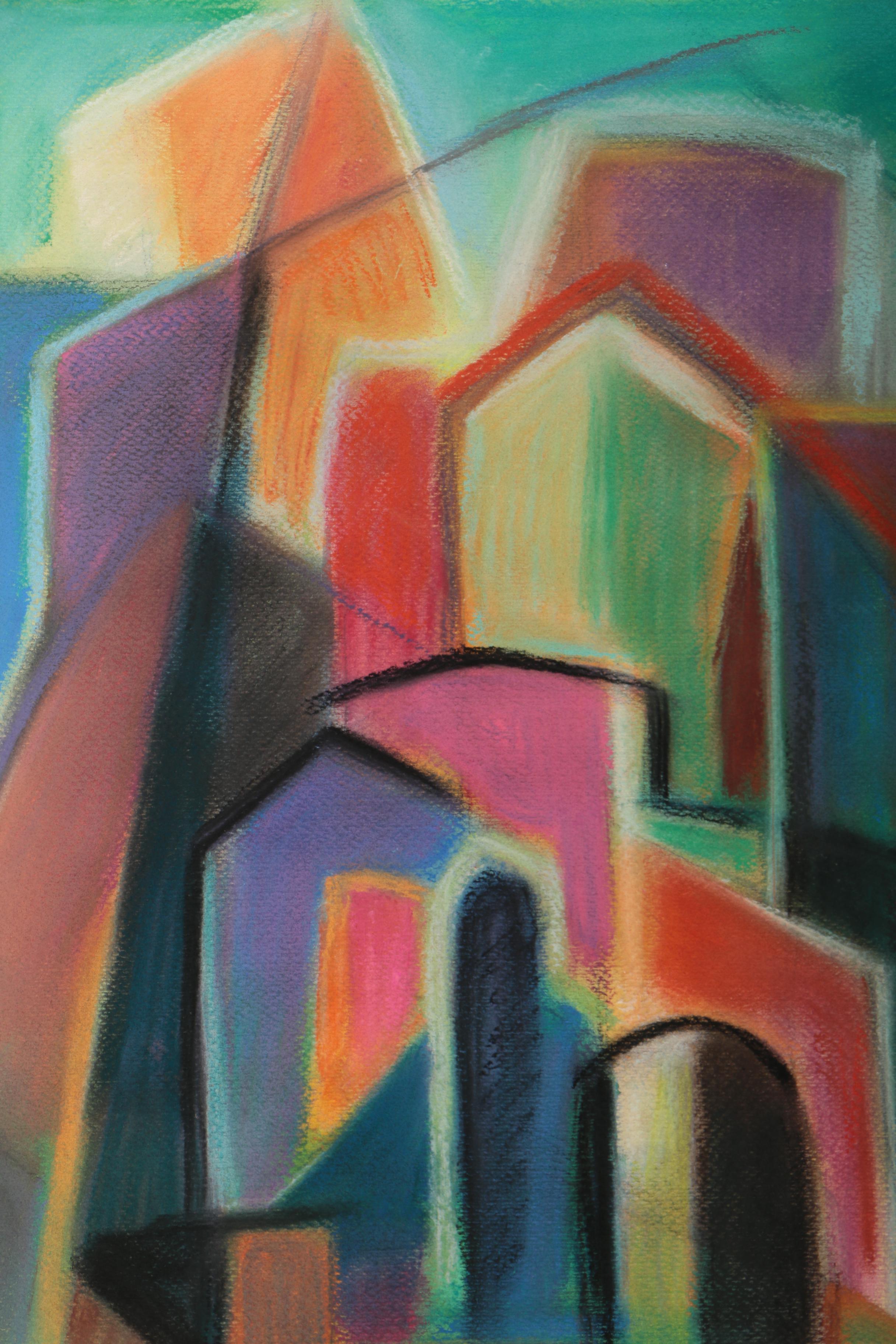 Simon Samsonian Pastel Drawing "Abstract Forms with Church"