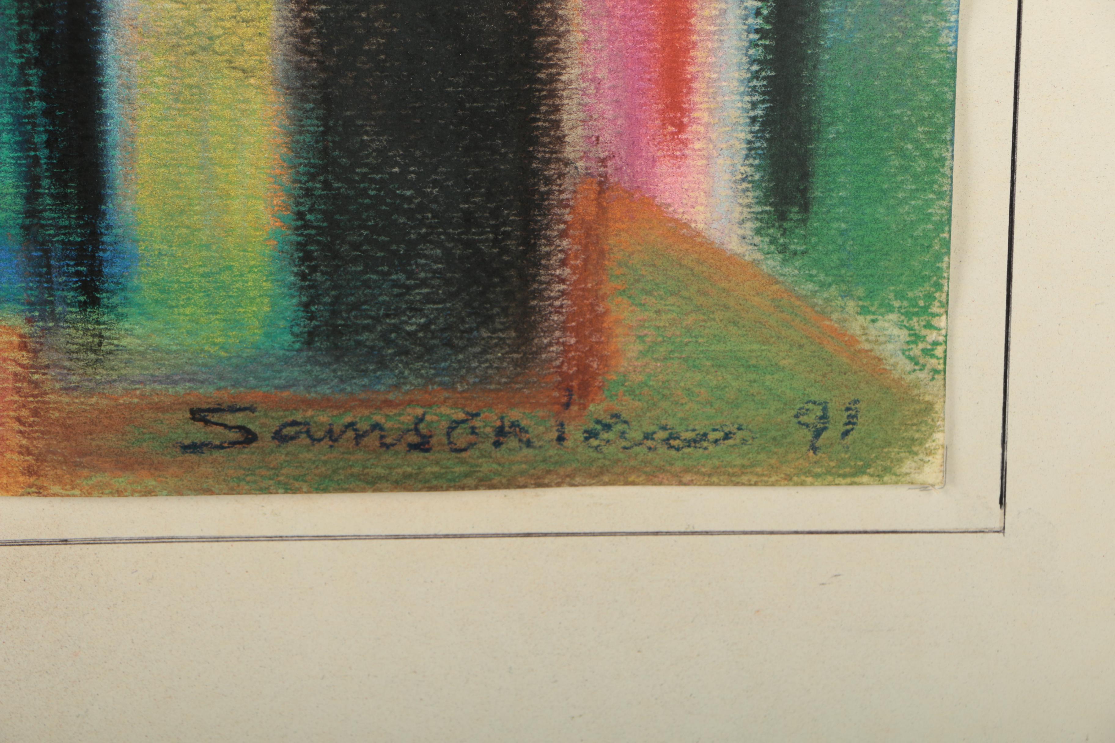 Simon Samsonian Pastel Drawing "Abstract Forms with Church"