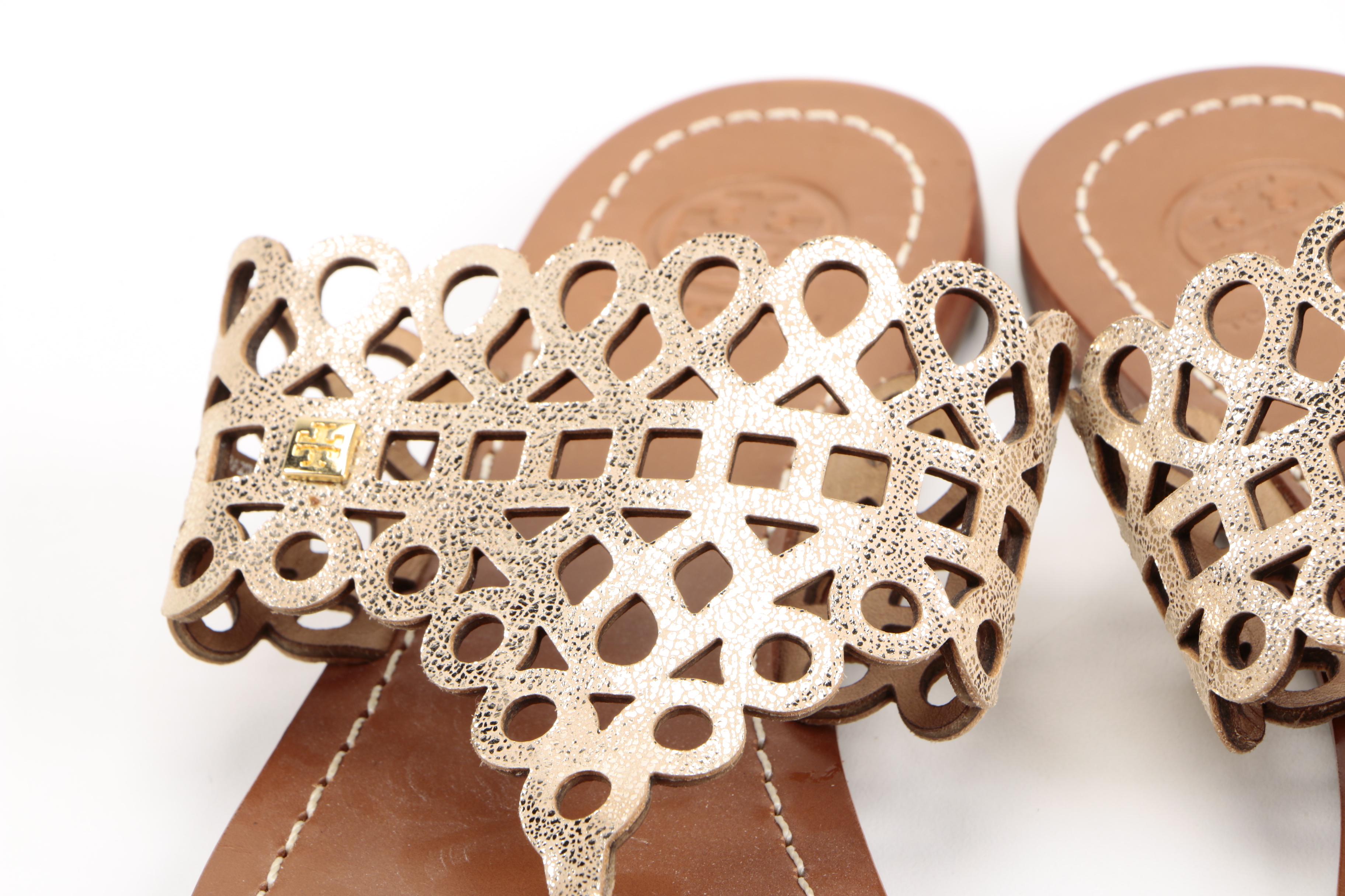 Tory Burch "Davy" Metallic Leather Thong Sandals