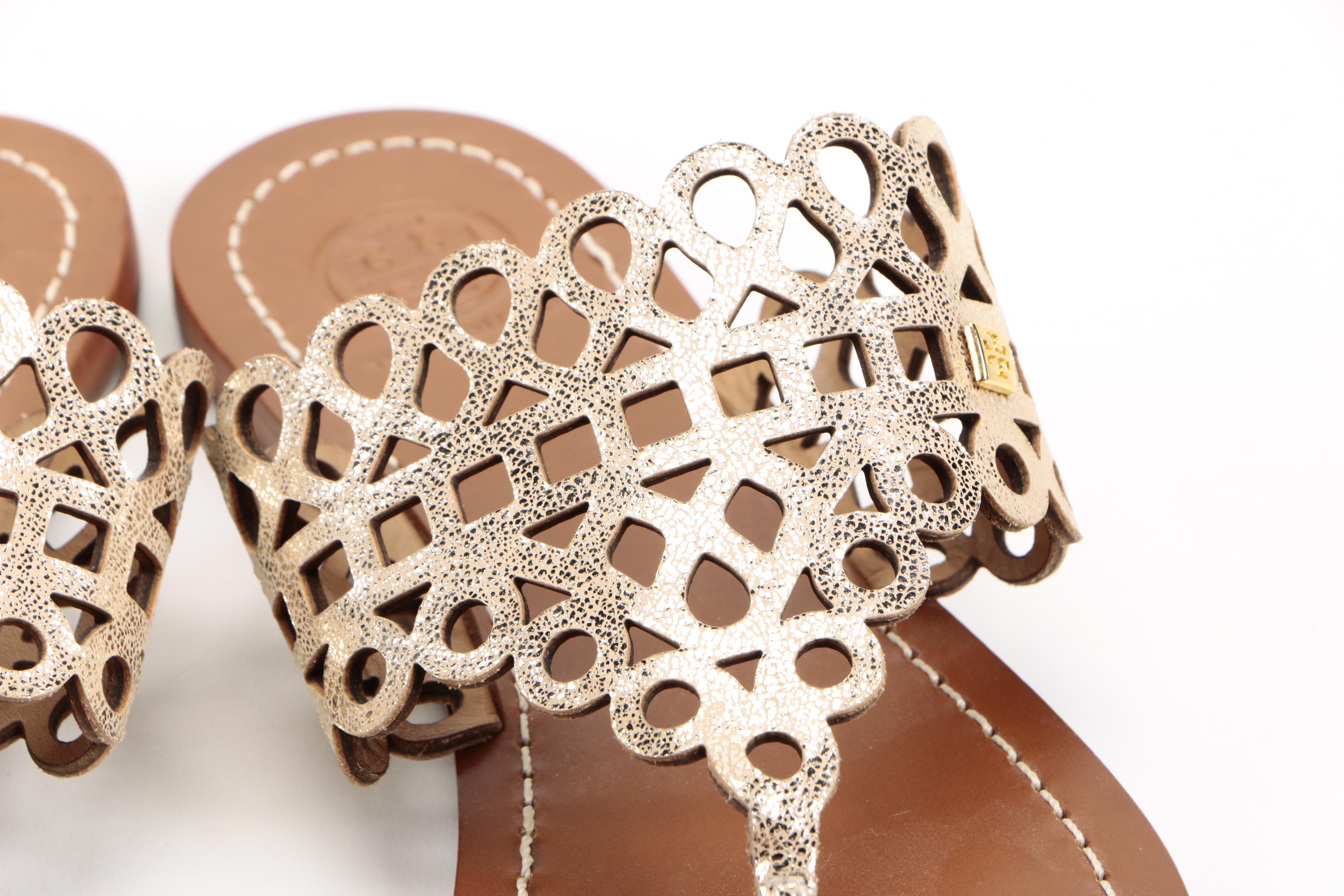 Tory Burch "Davy" Metallic Leather Thong Sandals