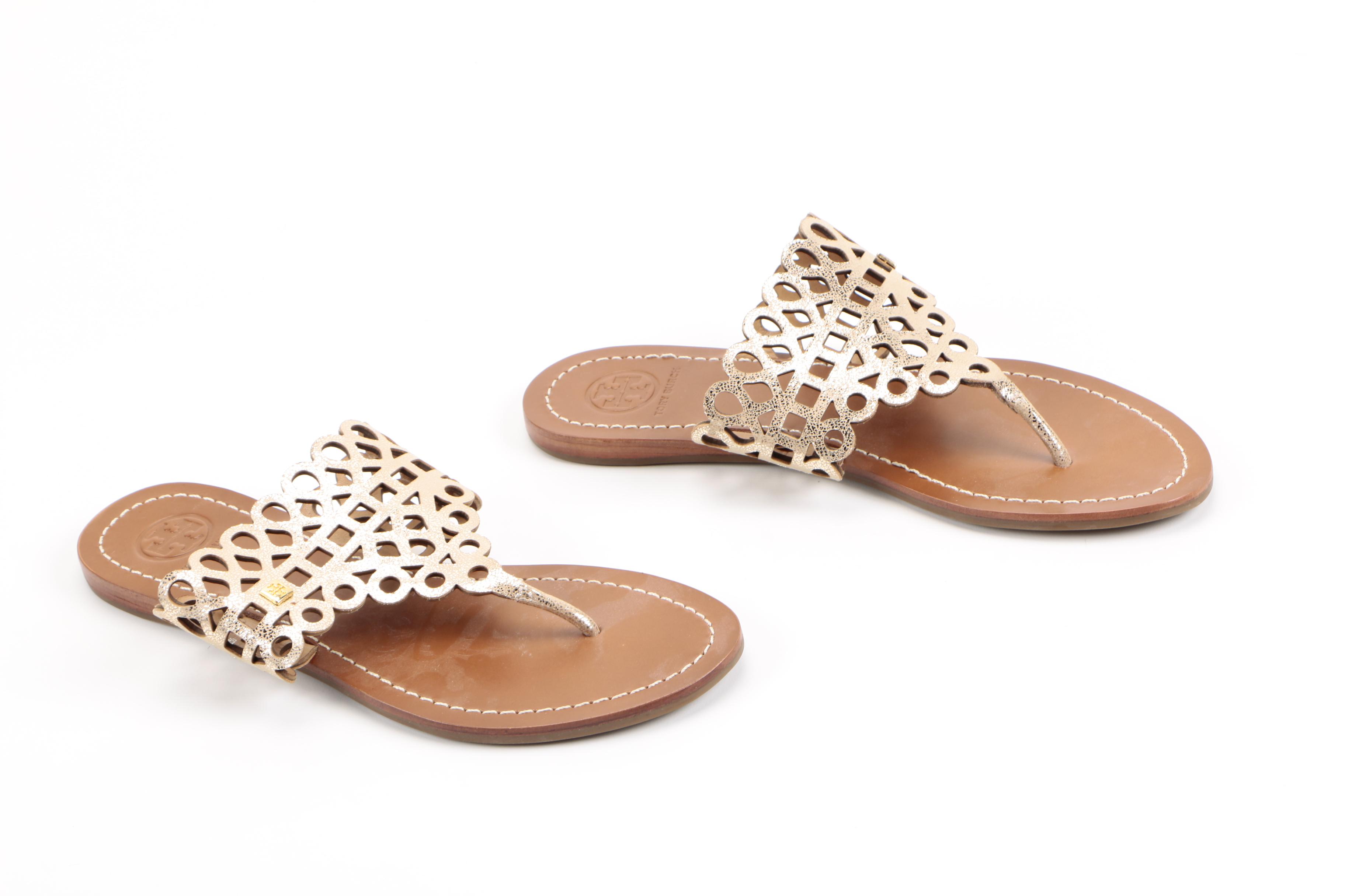Tory Burch "Davy" Metallic Leather Thong Sandals