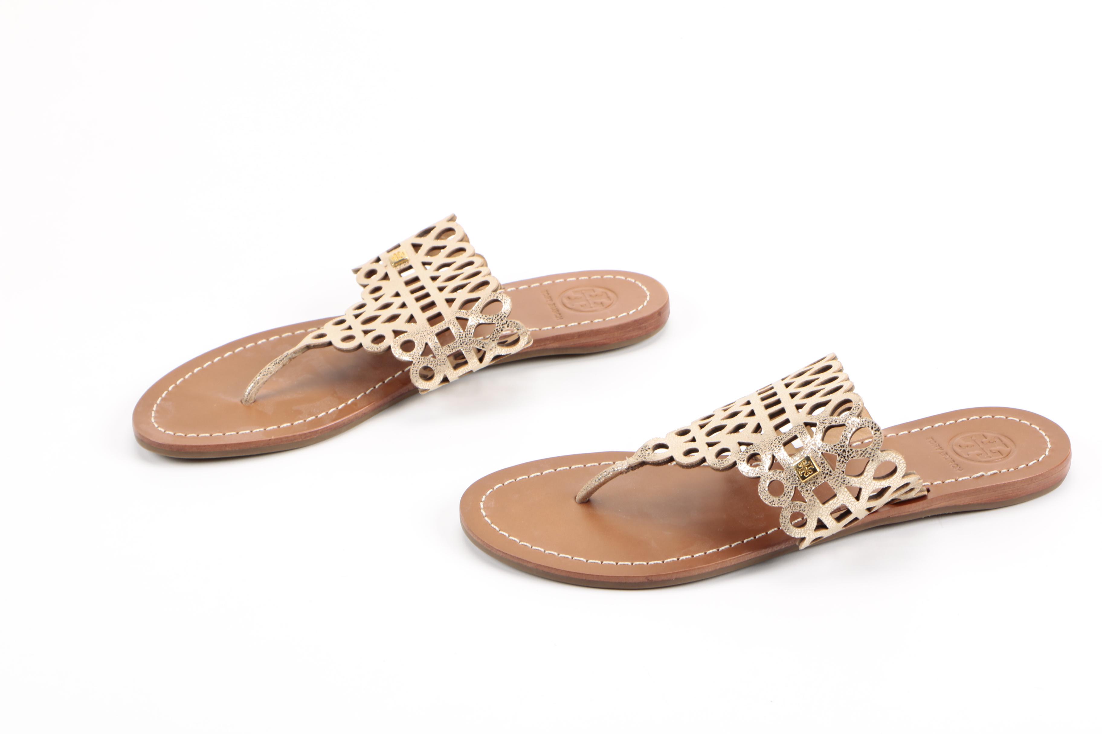 Tory Burch "Davy" Metallic Leather Thong Sandals