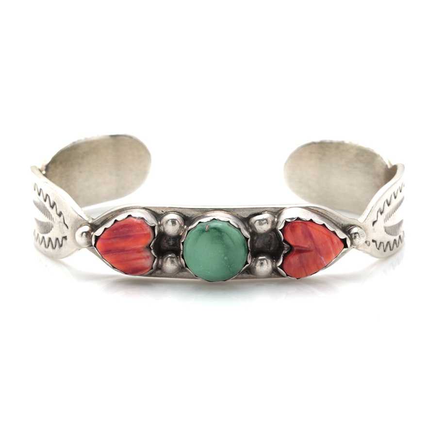 Kay Yazzie Sterling Silver Spiny Oyster Heart and Turquoise Navajo Cuff