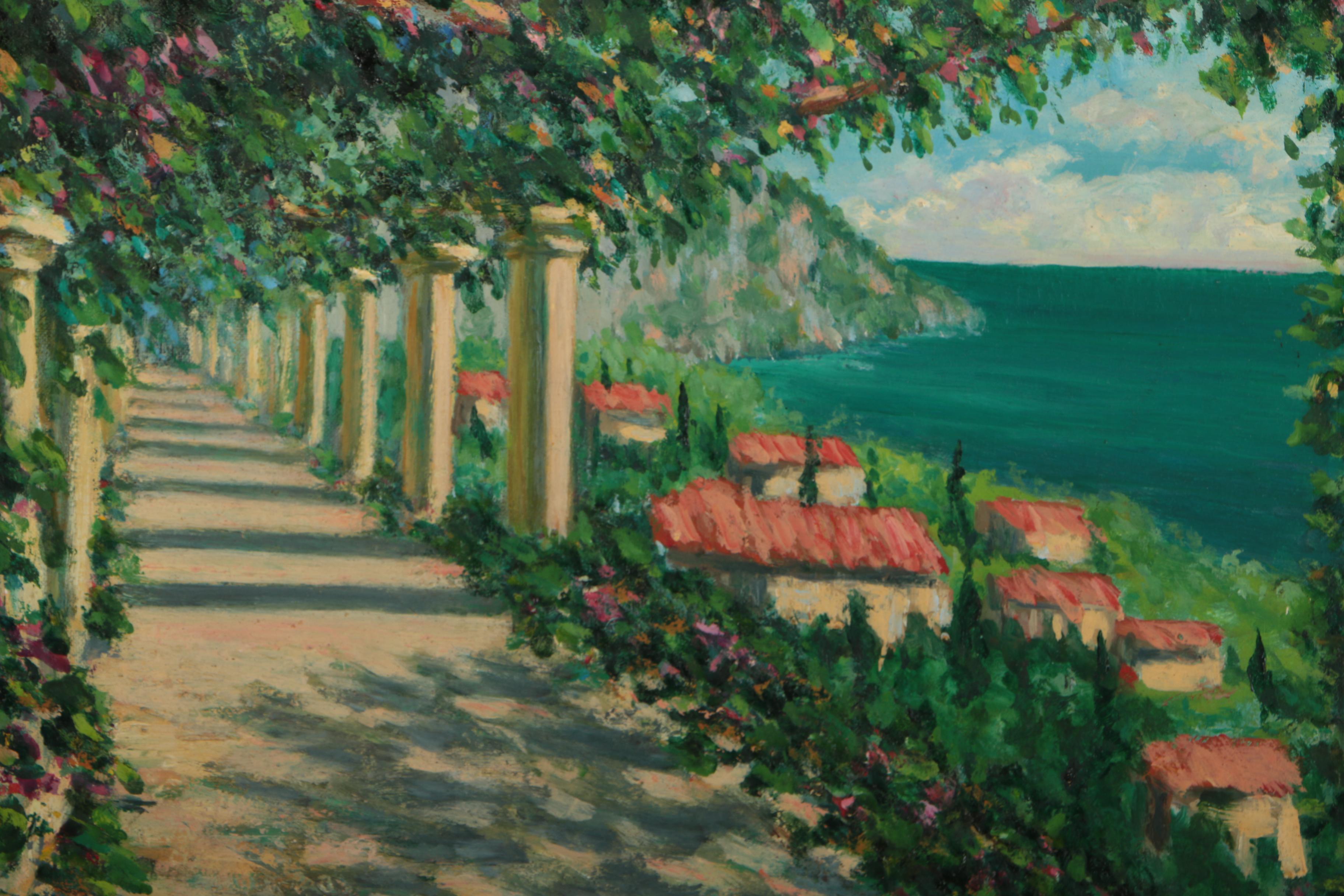 Oil Painting on Canvas Board of Italian Coastal Villa