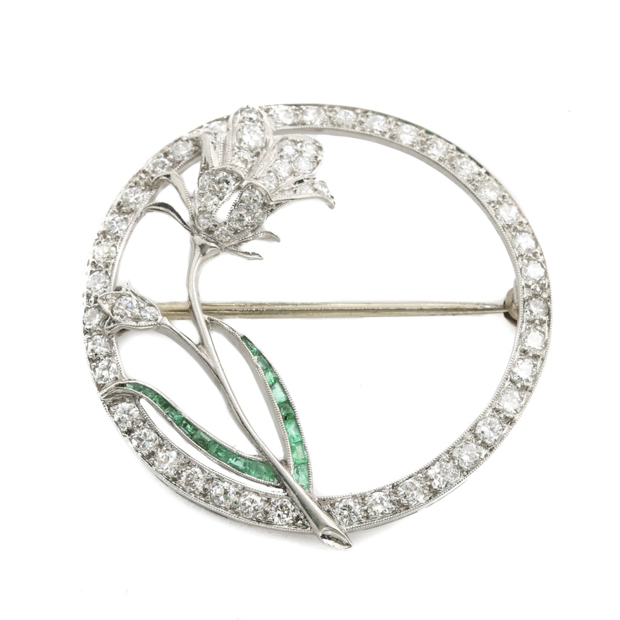Platinum and 18K White Gold Emerald and 1.03 CTW Diamond Floral Brooch