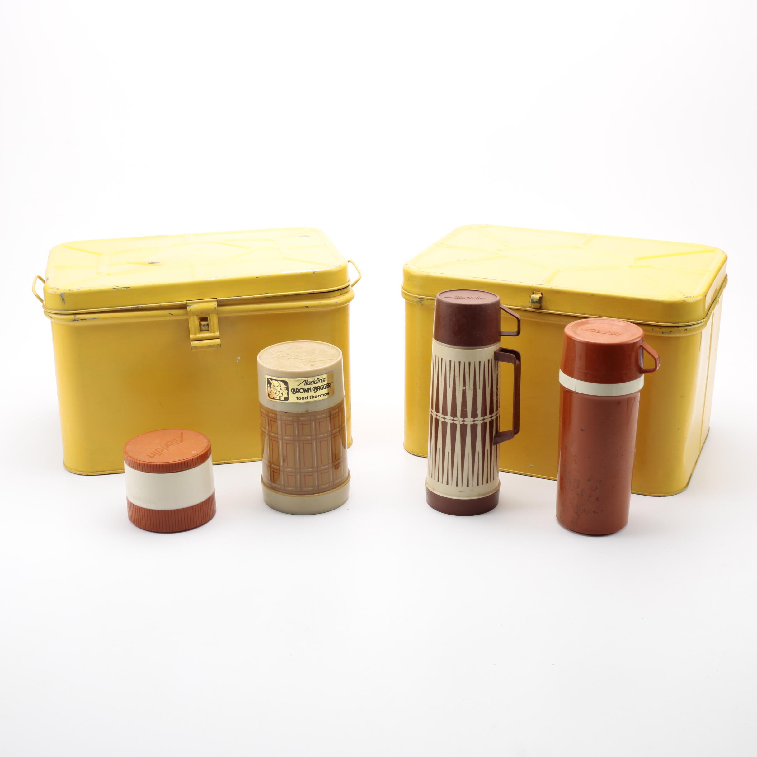 Vintage Metal Yellow Lunch Boxes and Aladdin Thermoses