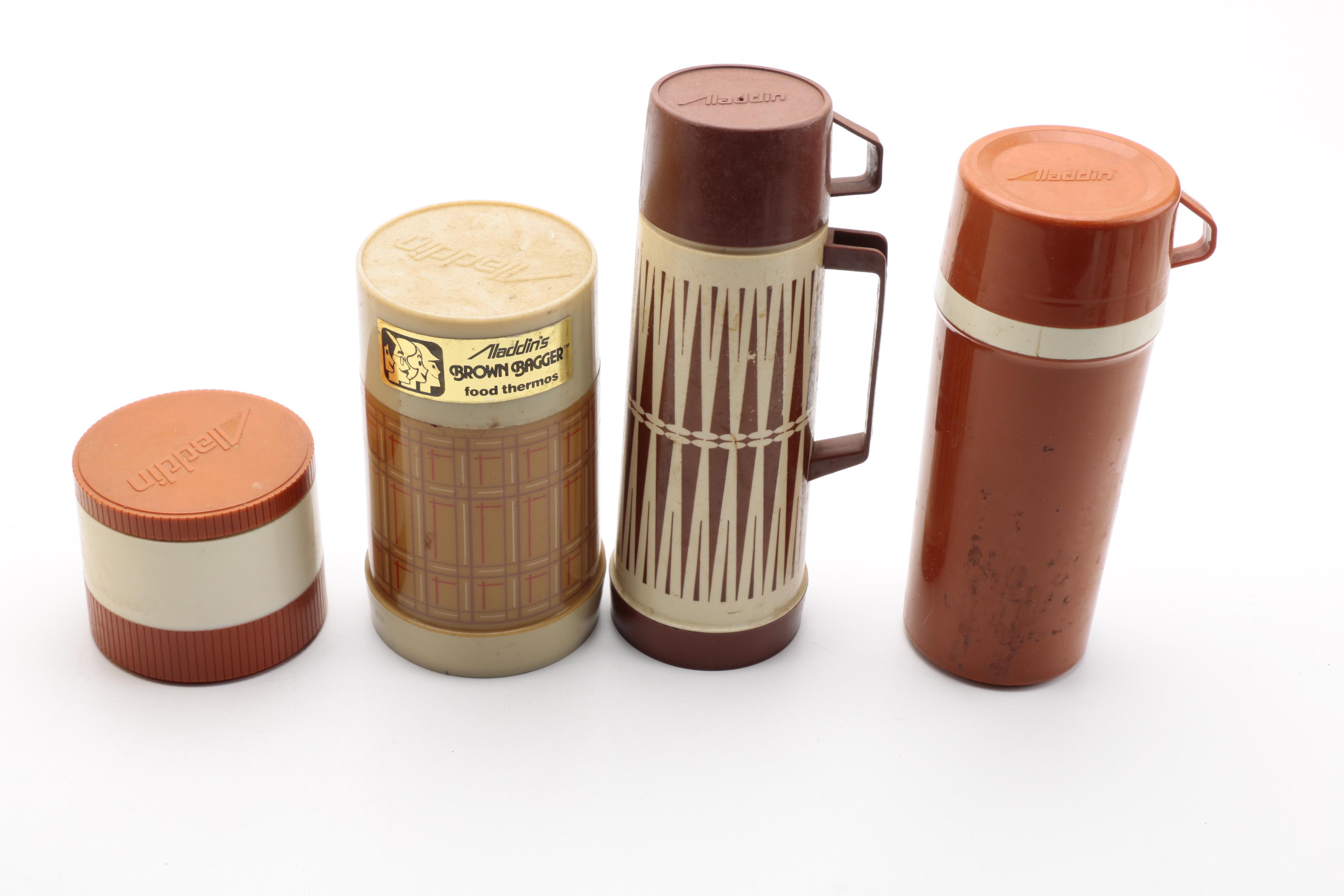 Vintage Metal Yellow Lunch Boxes and Aladdin Thermoses