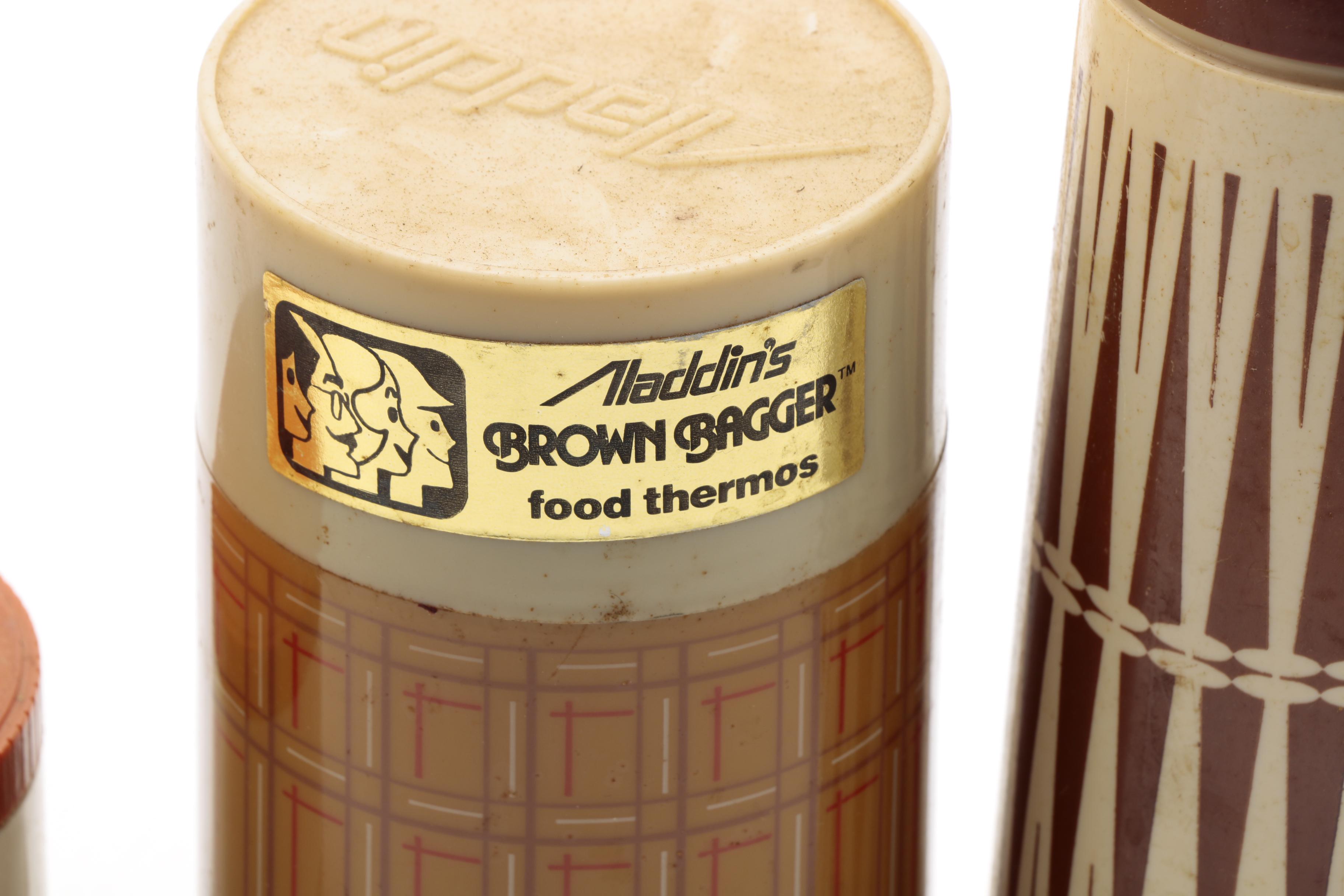 Vintage Metal Yellow Lunch Boxes and Aladdin Thermoses