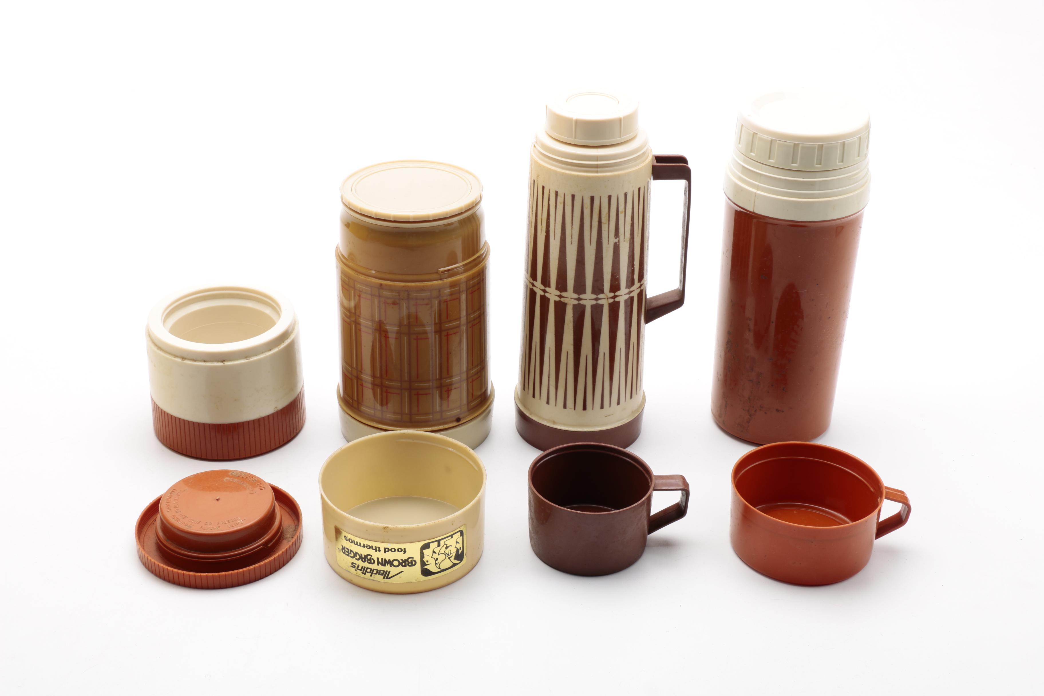 Vintage Metal Yellow Lunch Boxes and Aladdin Thermoses