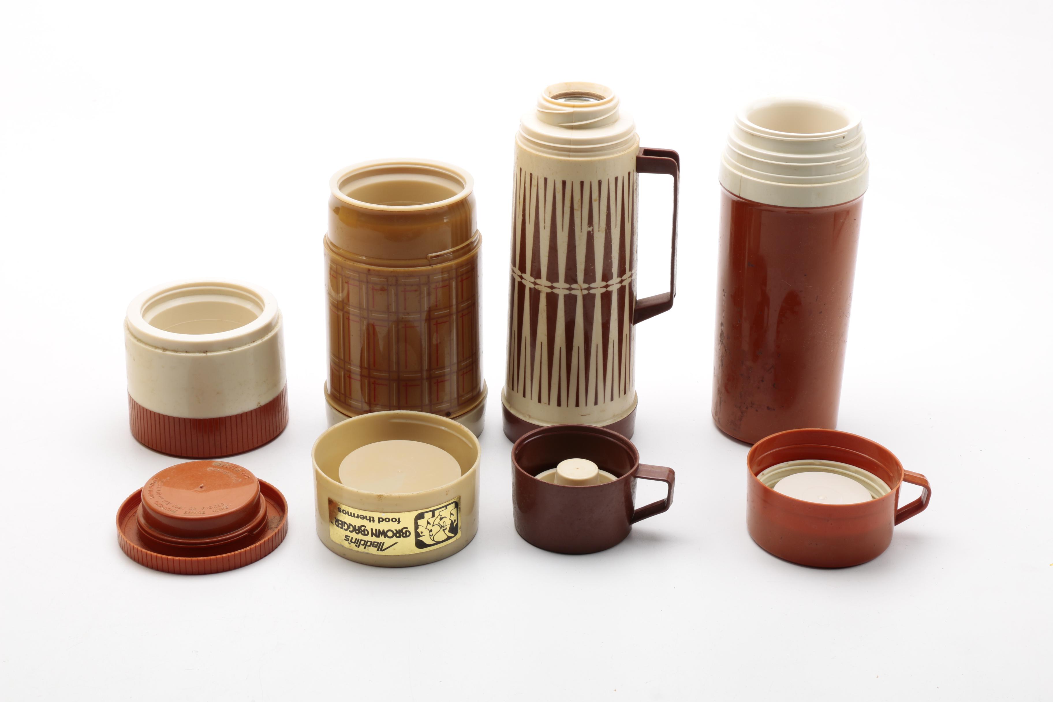 Vintage Metal Yellow Lunch Boxes and Aladdin Thermoses