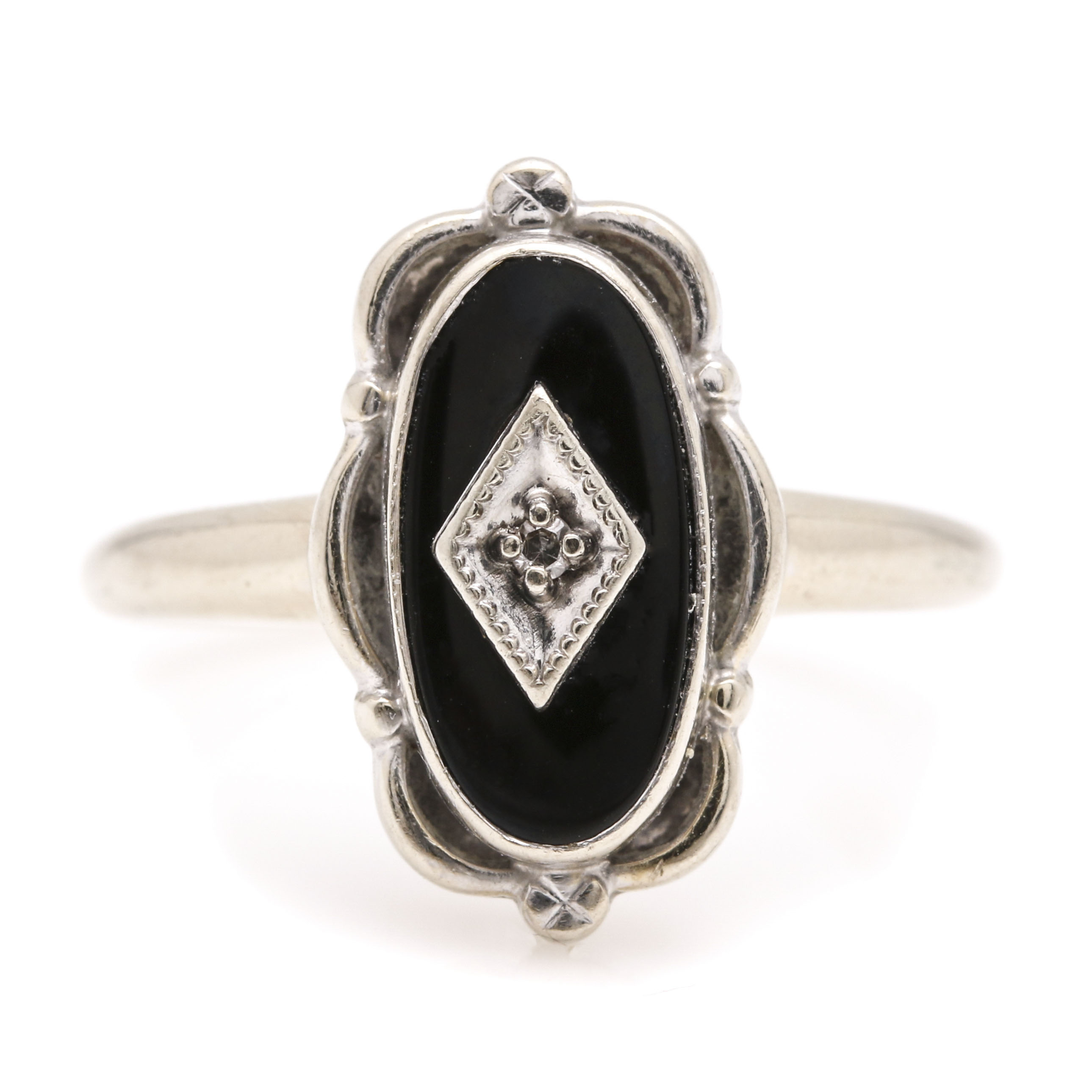 14K White Gold Black Onyx and Diamond Ring