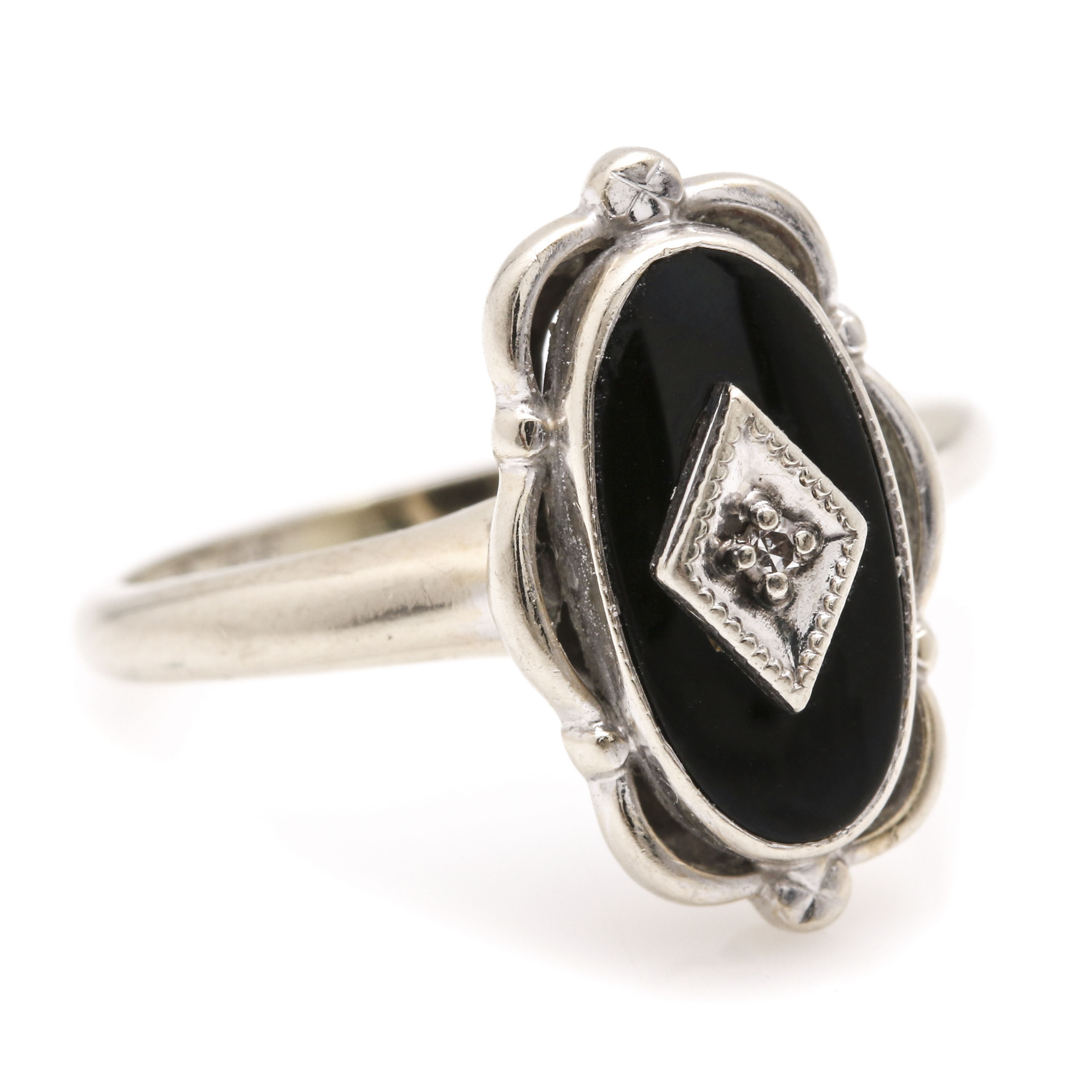 14K White Gold Black Onyx and Diamond Ring