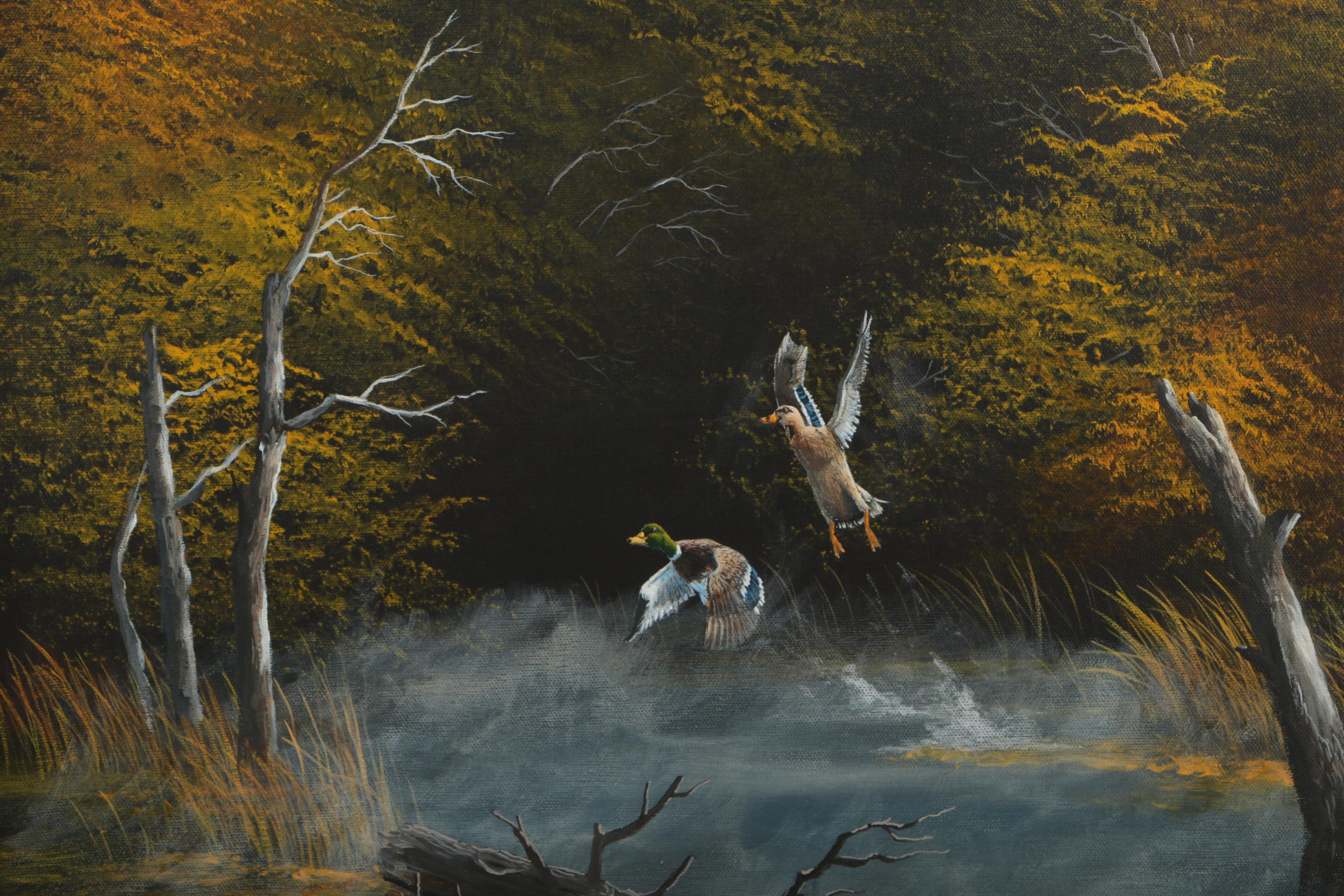 Anton Znaniecki Oil Painting of Ducks Over a Bog