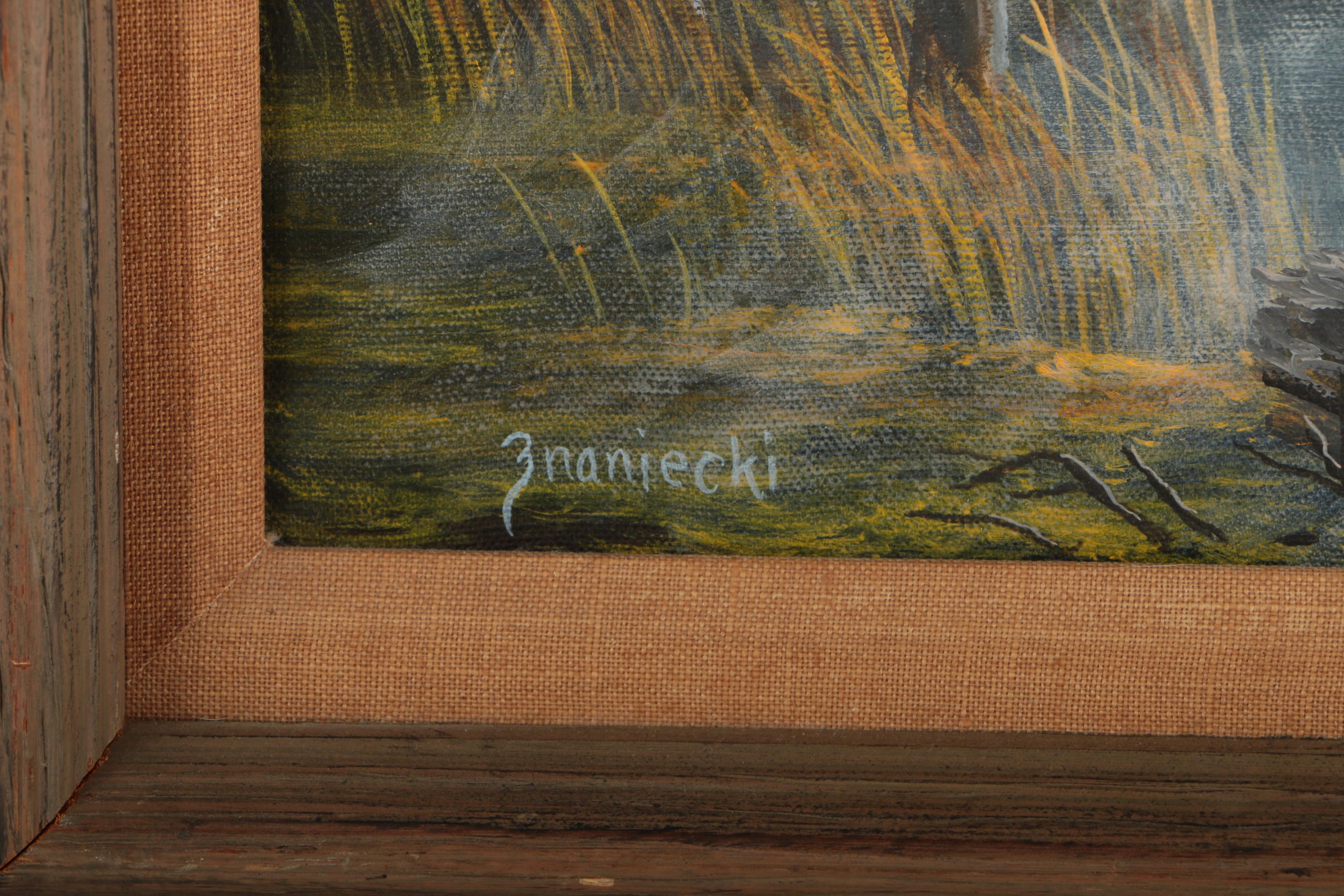 Anton Znaniecki Oil Painting of Ducks Over a Bog