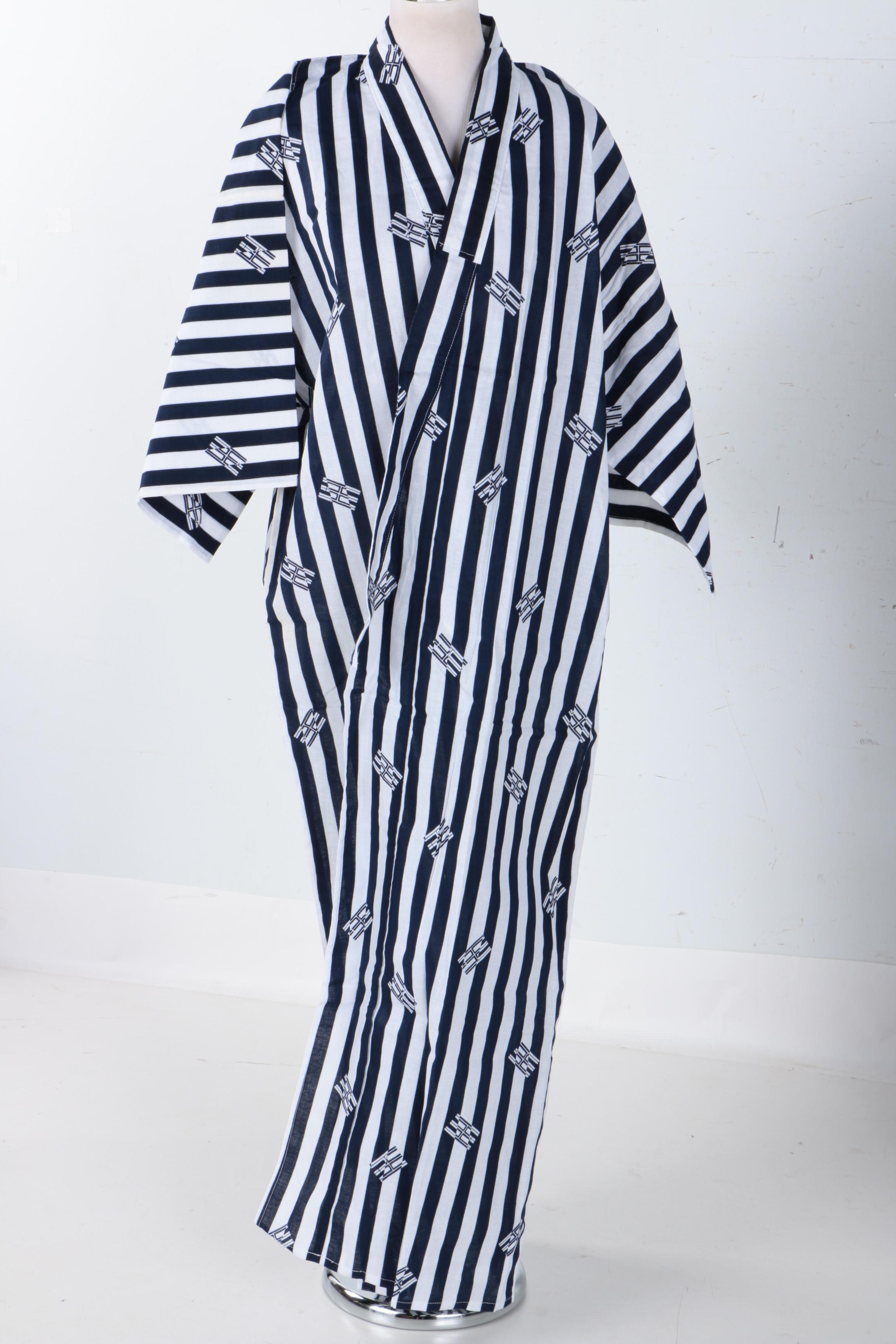 Blue and White Striped Cotton Yukata