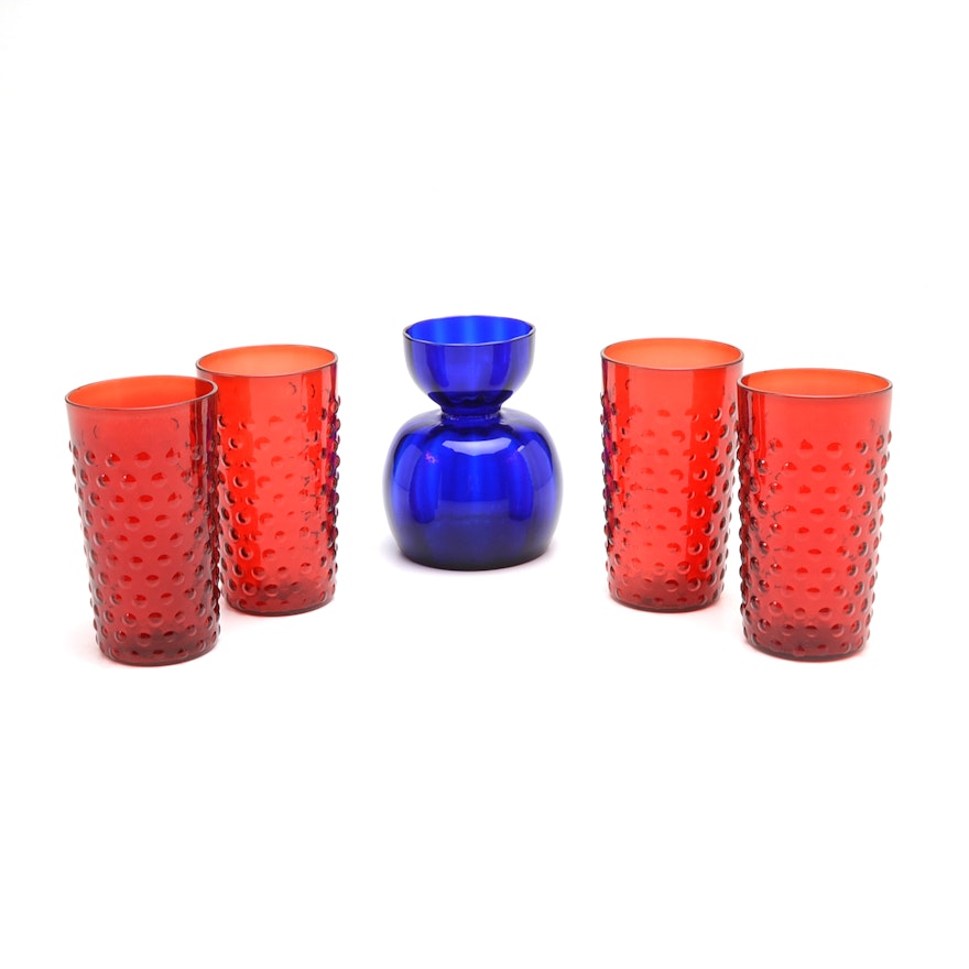 Ruby Red Hobnail Glasses and Cobalt Blue Bulb Vase