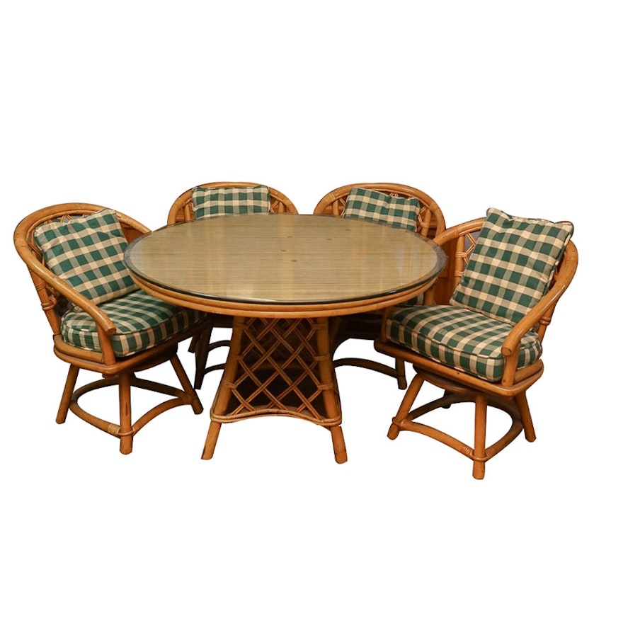 Vintage Rattan Dining Table with Chairs and Side Table