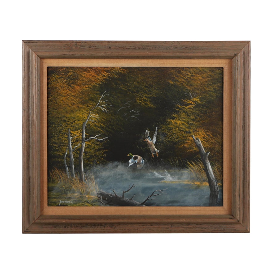 Anton Znaniecki Oil Painting of Ducks Over a Bog
