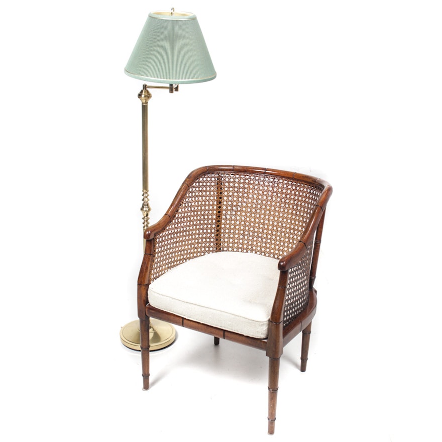 Vintage Caned Armchair and Brass Floor Lamp