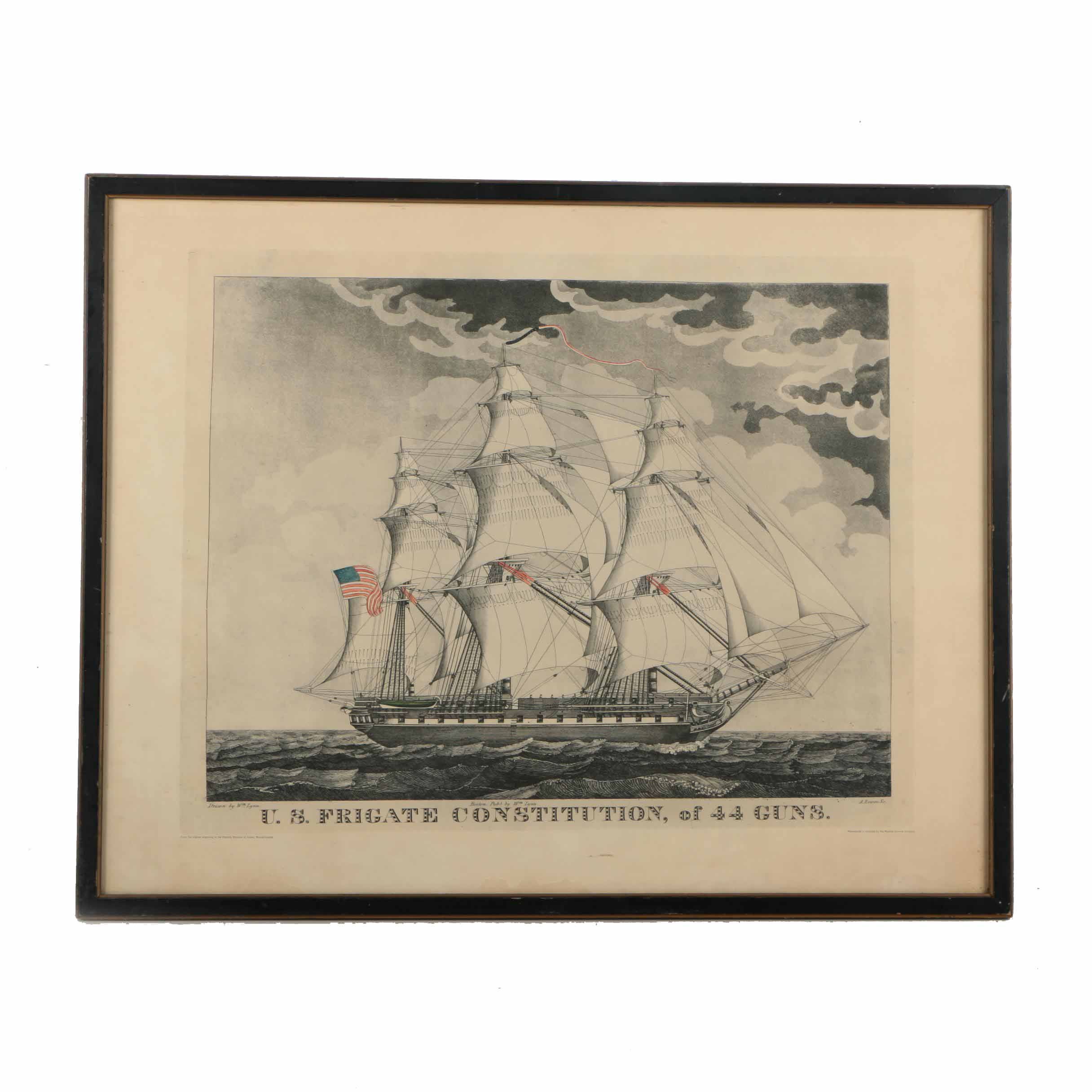 Vintage Collotype Reproduction Print "U.S. Frigate Constitution, of 44 Guns"