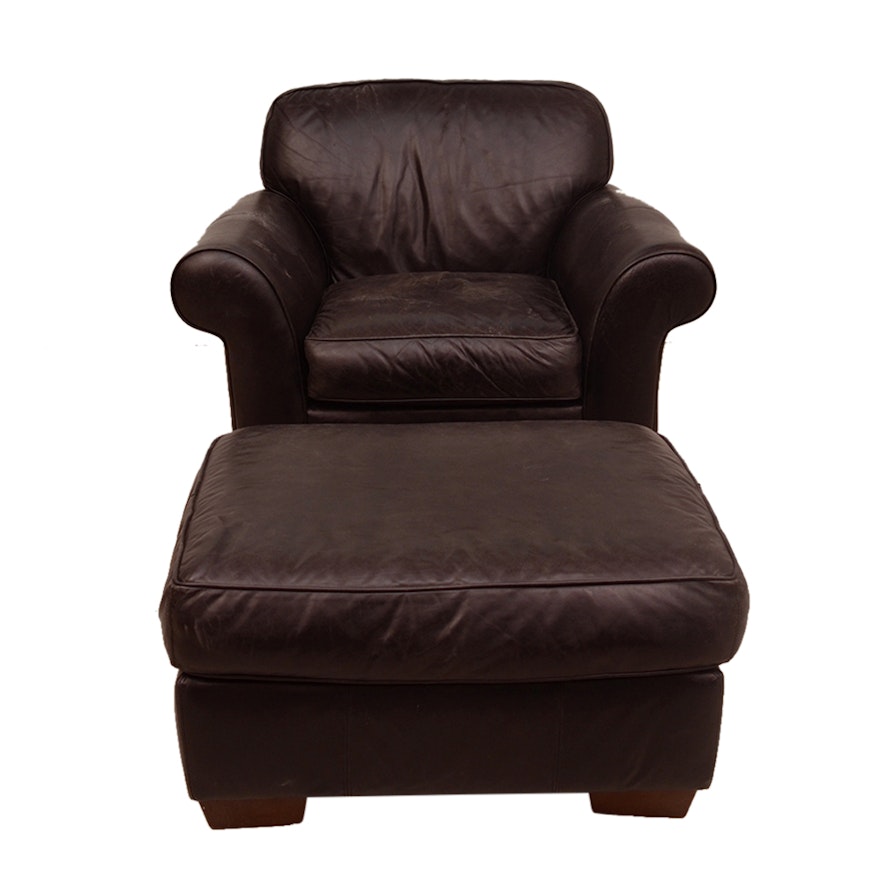 Brown Leather Club Chair and Ottoman by Bauhaus