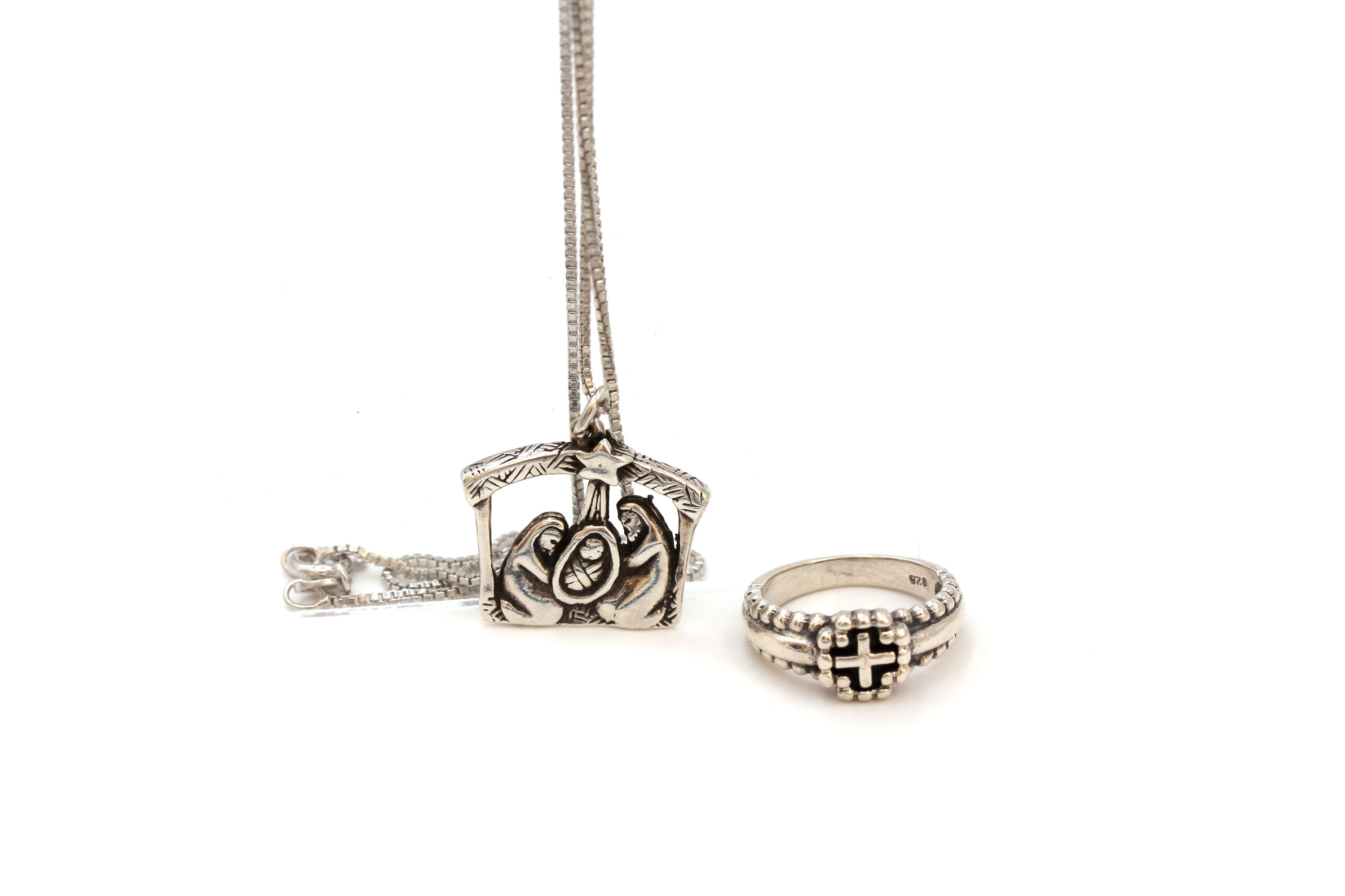 Sterling Silver Nativity Pendant Necklace and Cross Ring