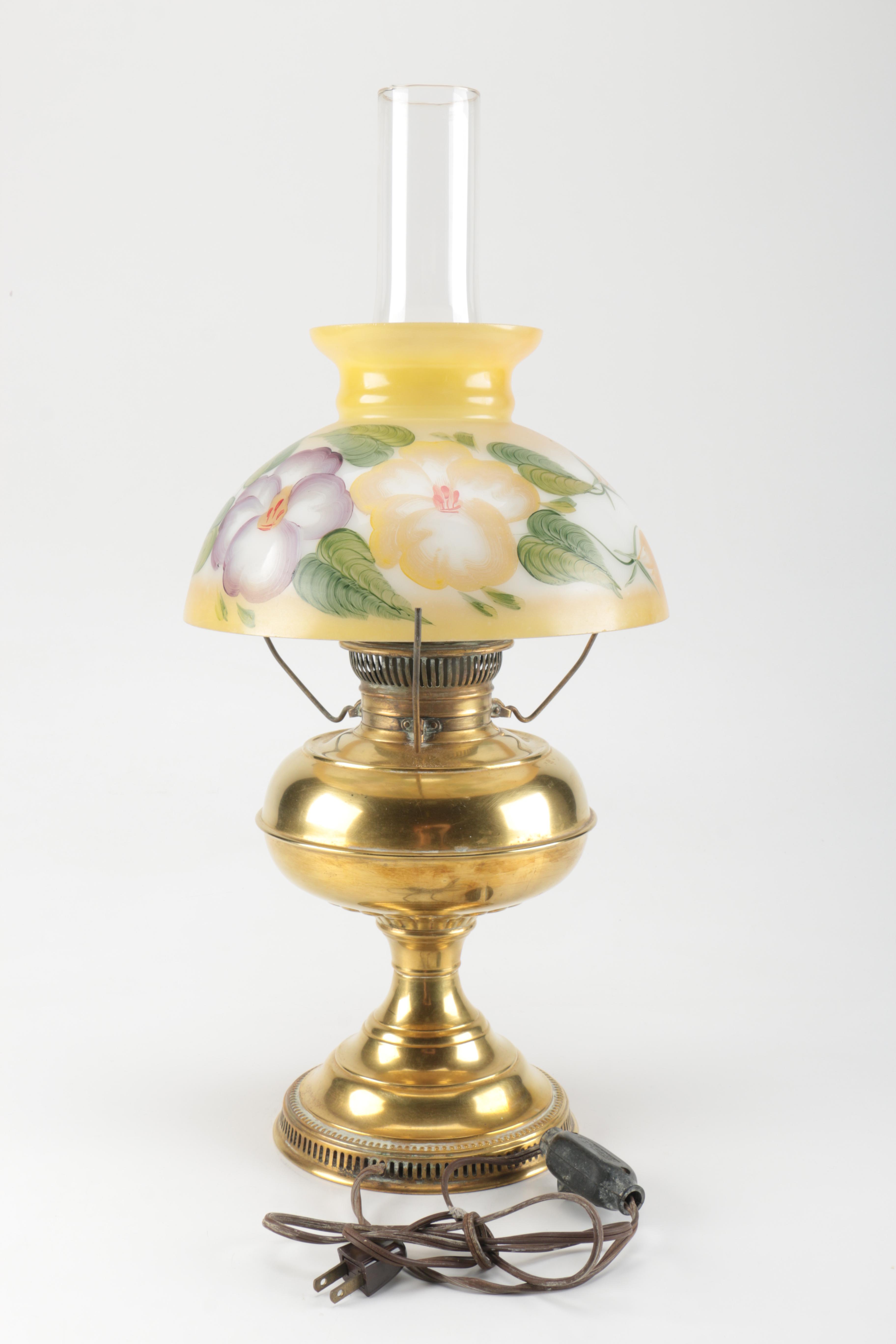 Converted Brass Oil Lamp with Floral Shade