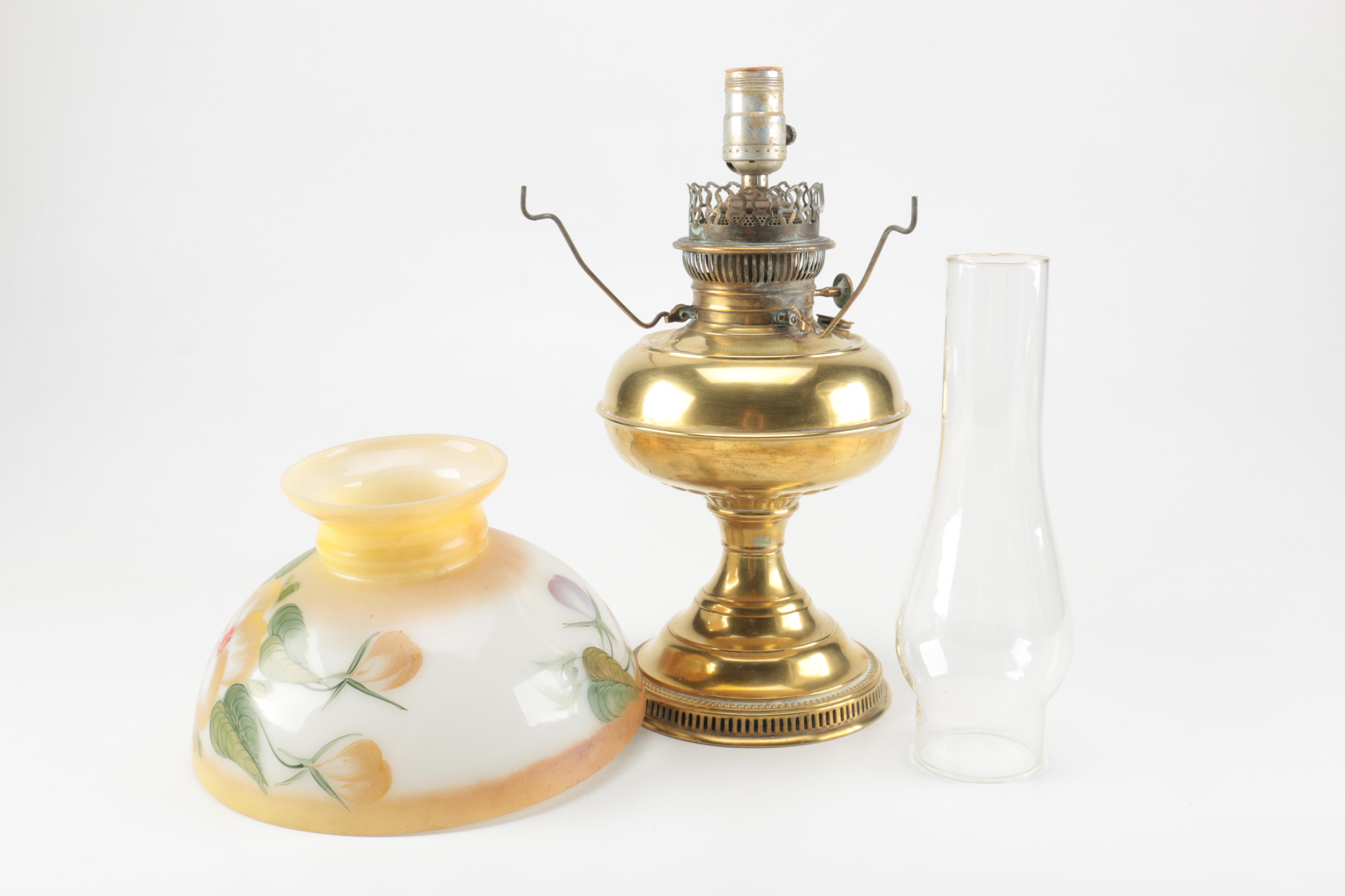 Converted Brass Oil Lamp with Floral Shade