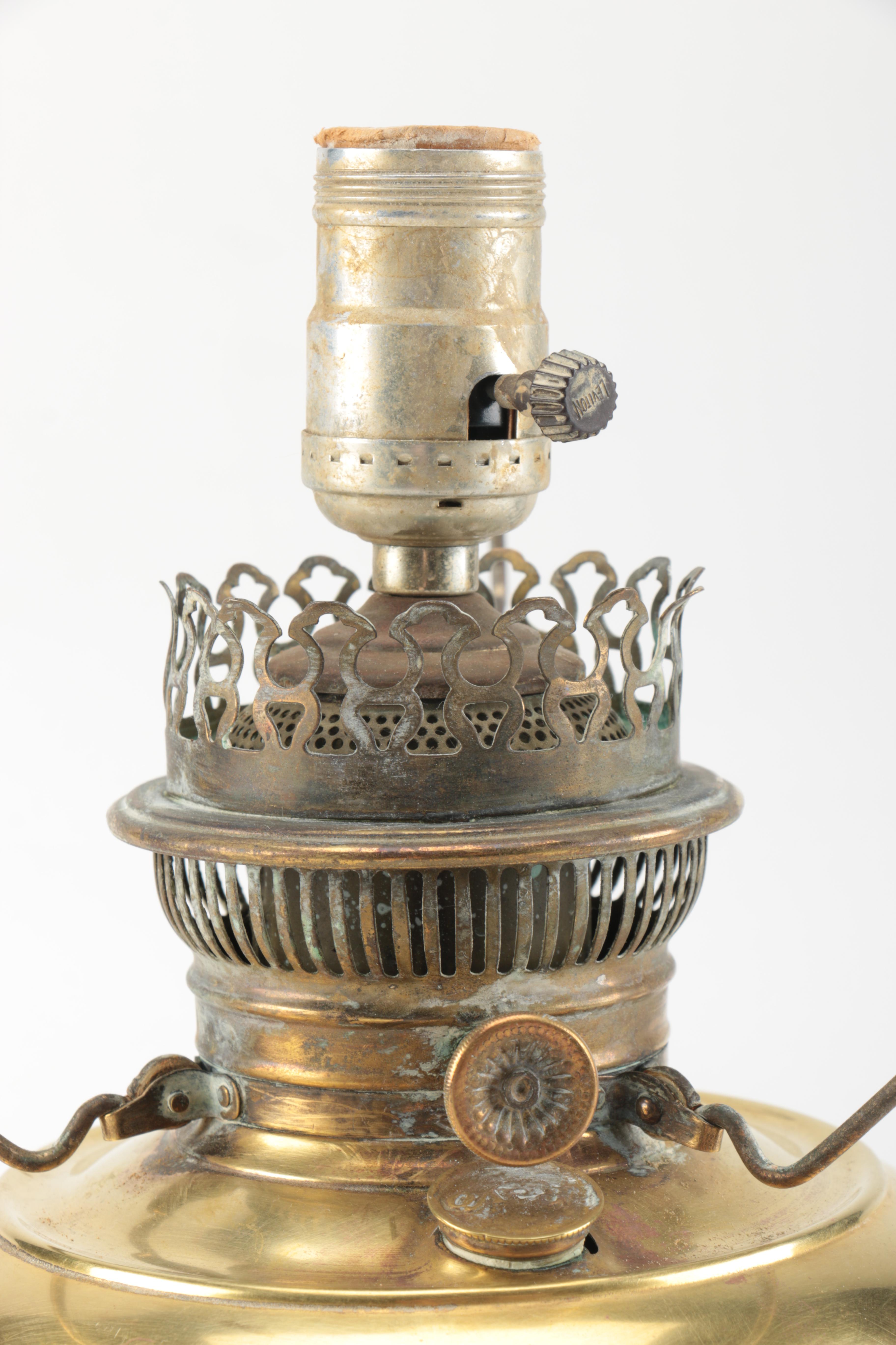 Converted Brass Oil Lamp with Floral Shade