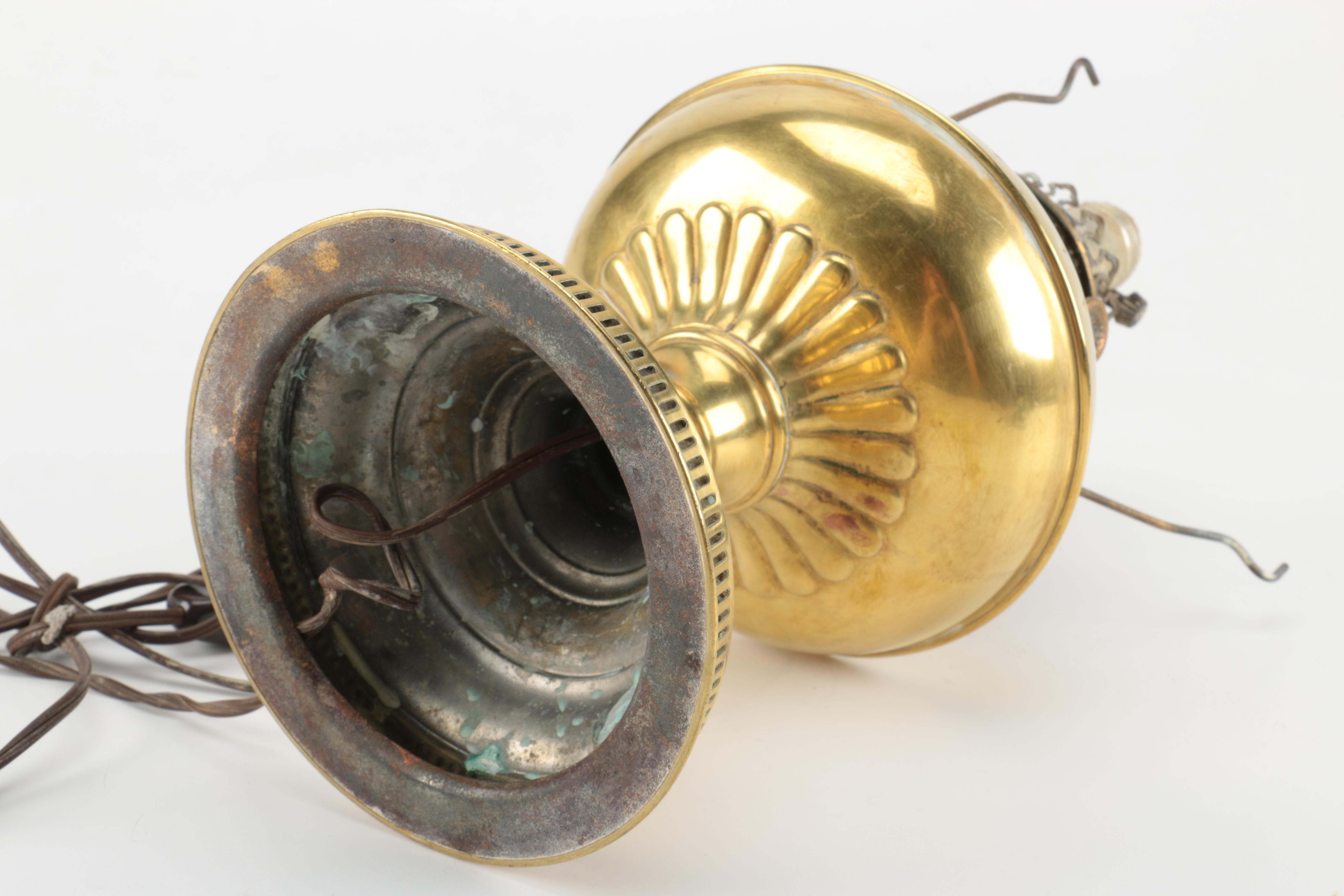 Converted Brass Oil Lamp with Floral Shade