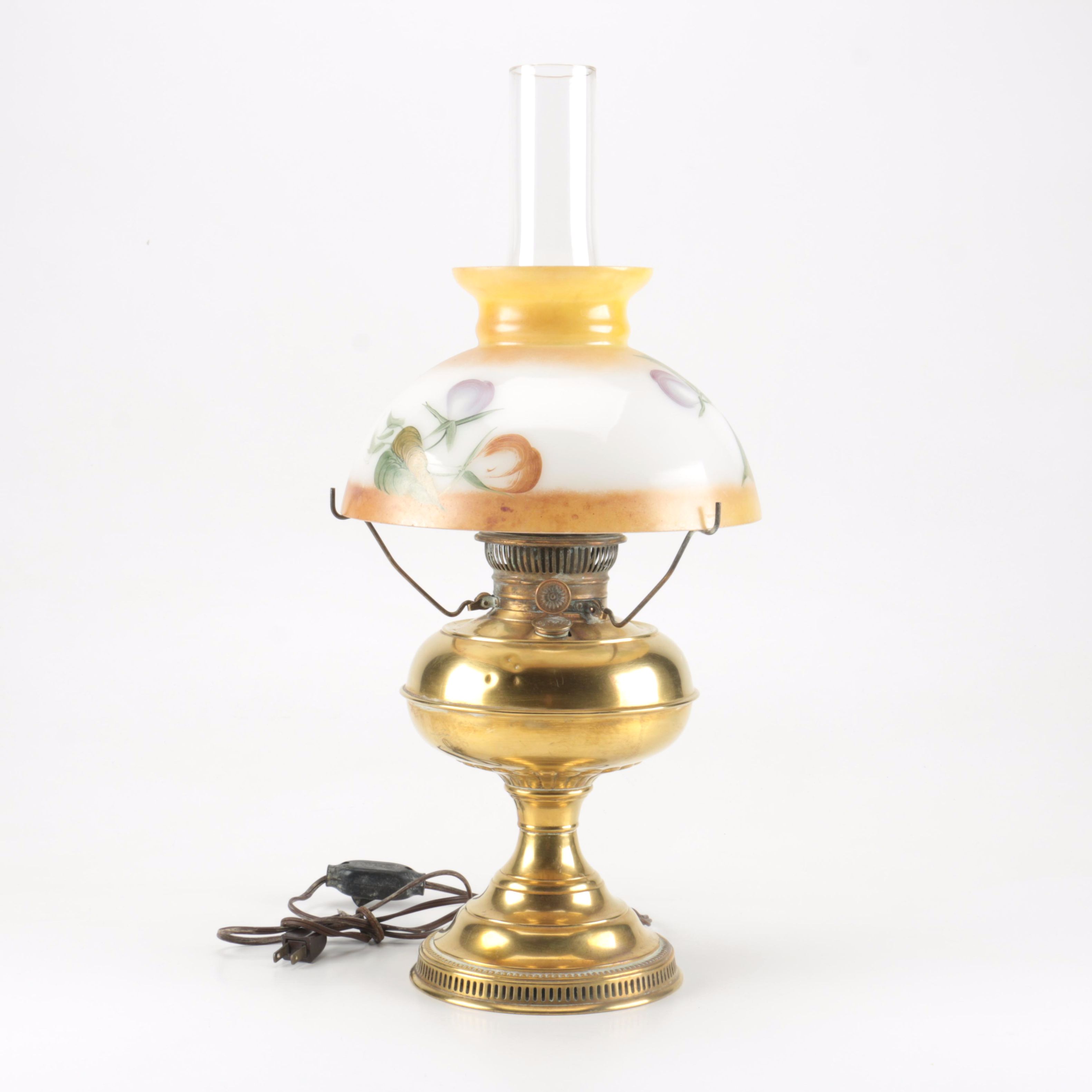 Converted Brass Oil Lamp with Floral Shade