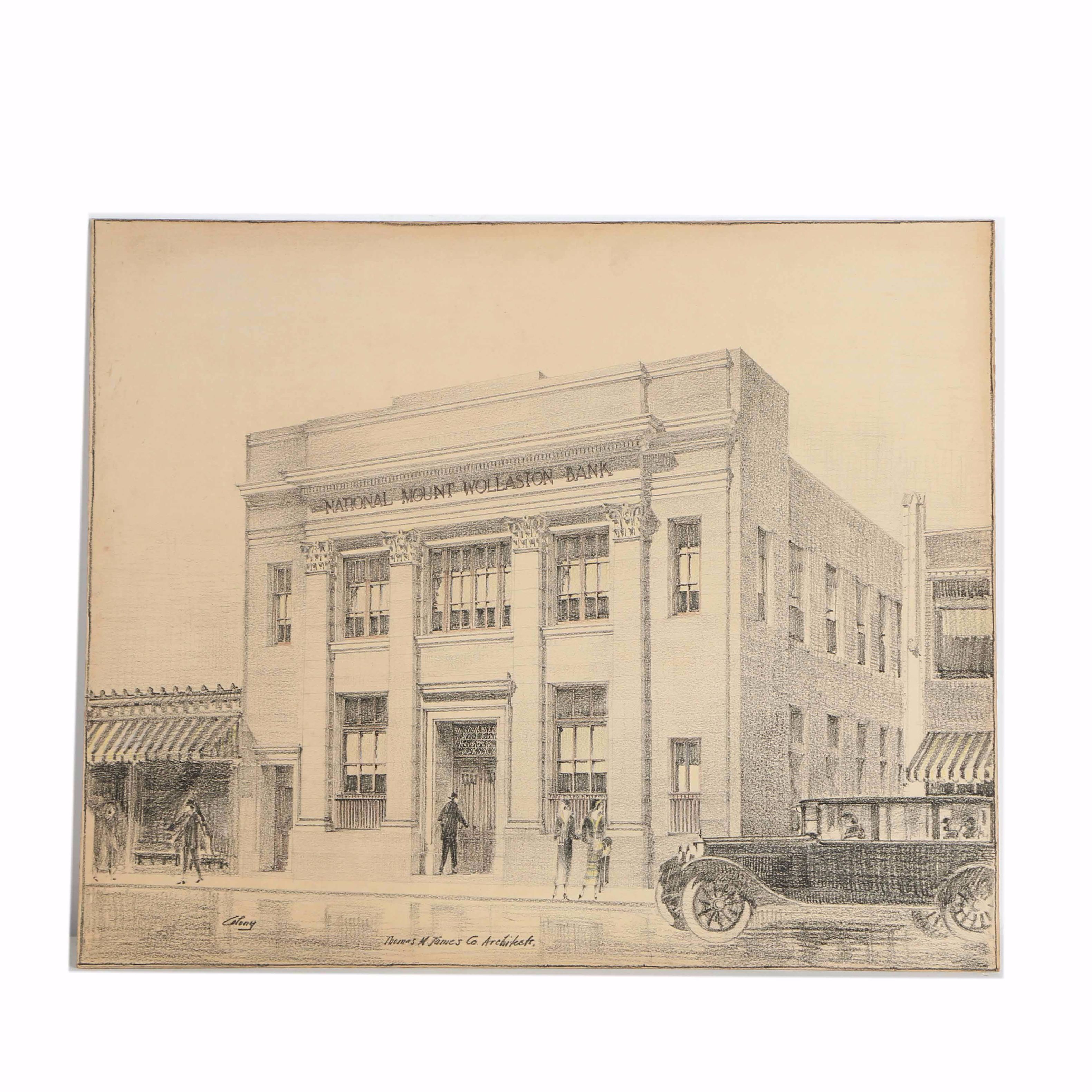 Crayon Architectural Drawing of National Mount Wollaston Bank