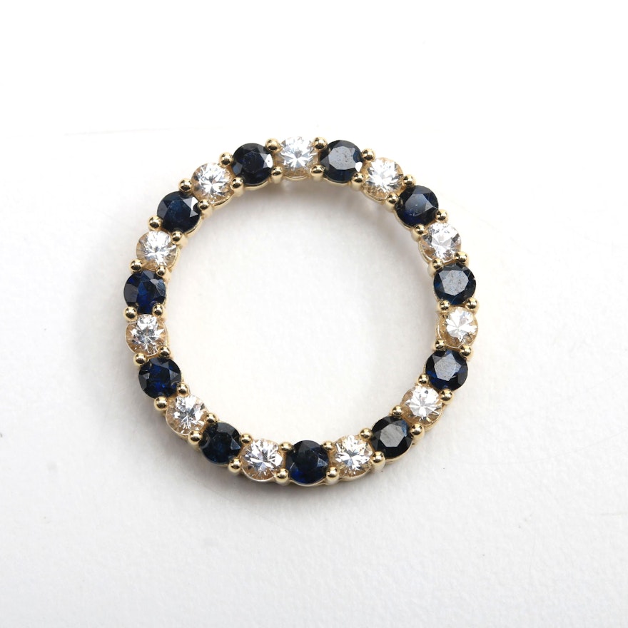 10K Yellow Gold White and Blue Sapphire Circle Pendant