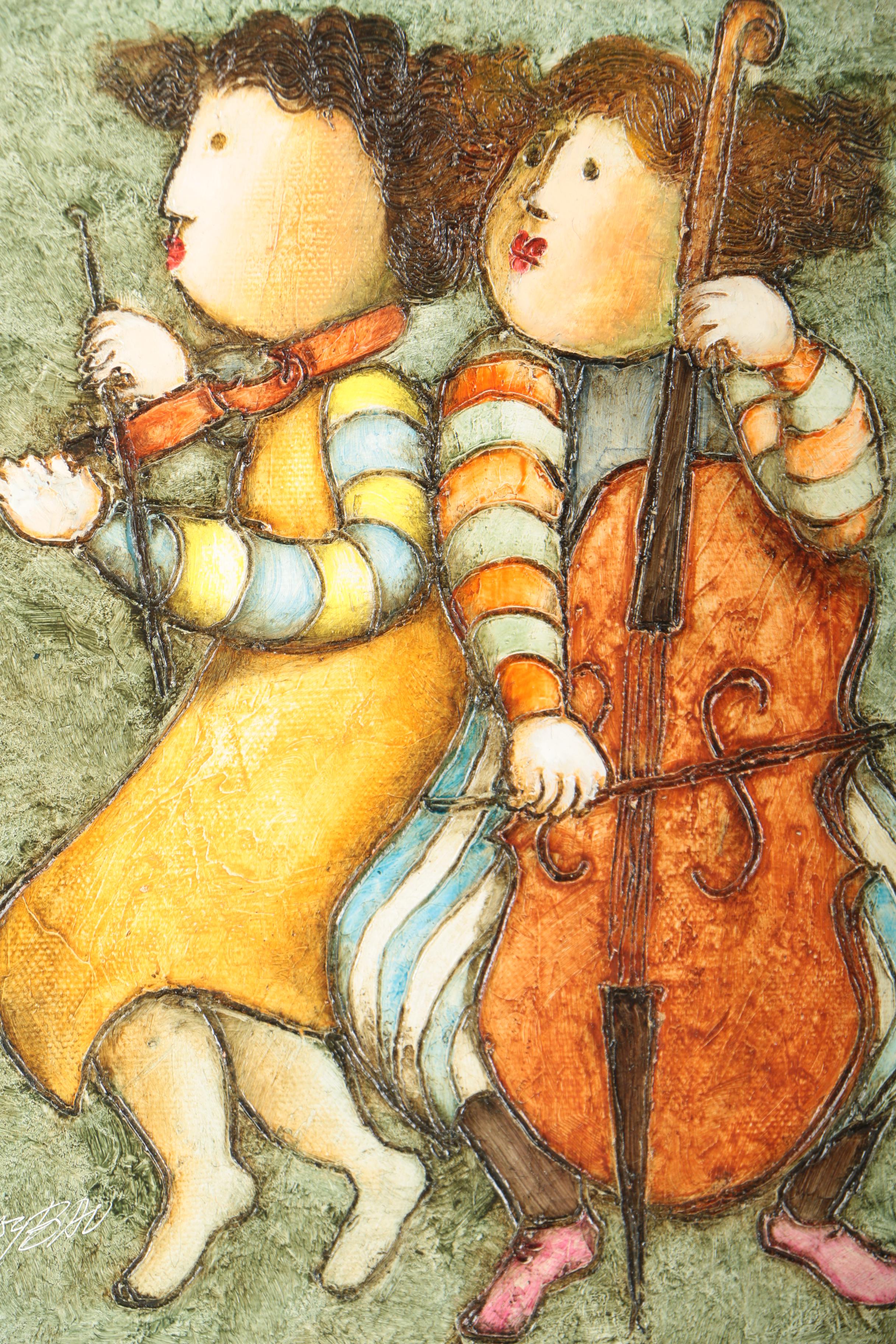 Joyce Roybal Oil Painting on Canvas "Violin & Cello"