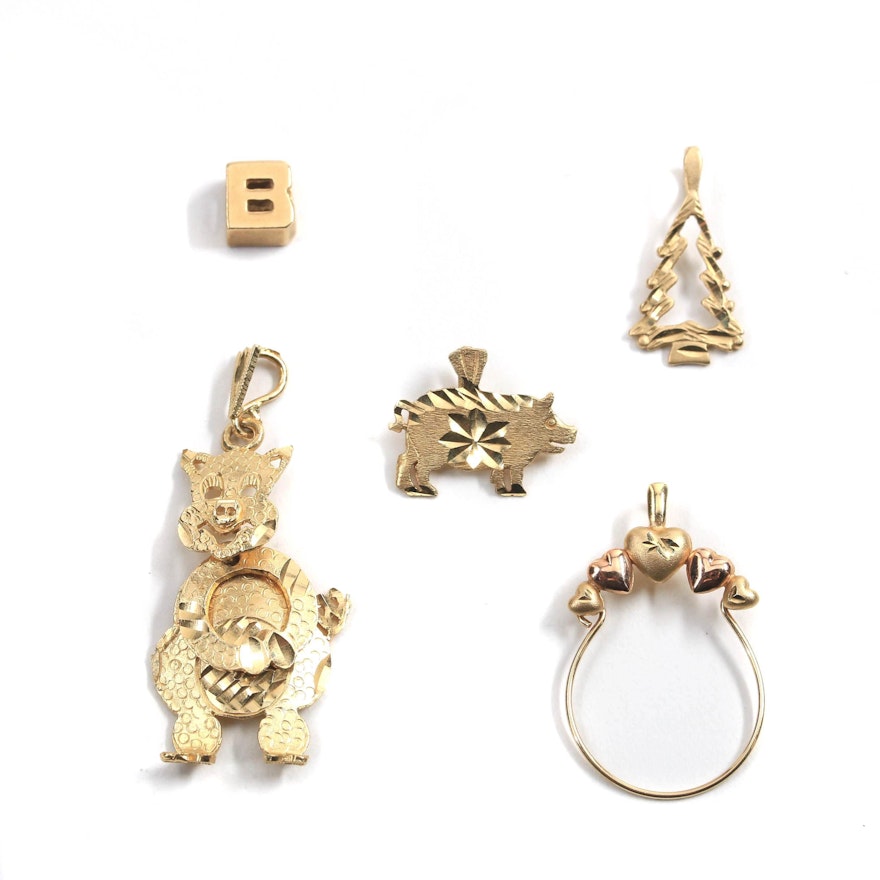 14K Gold Charm Holder, Pig Pendant and Charms