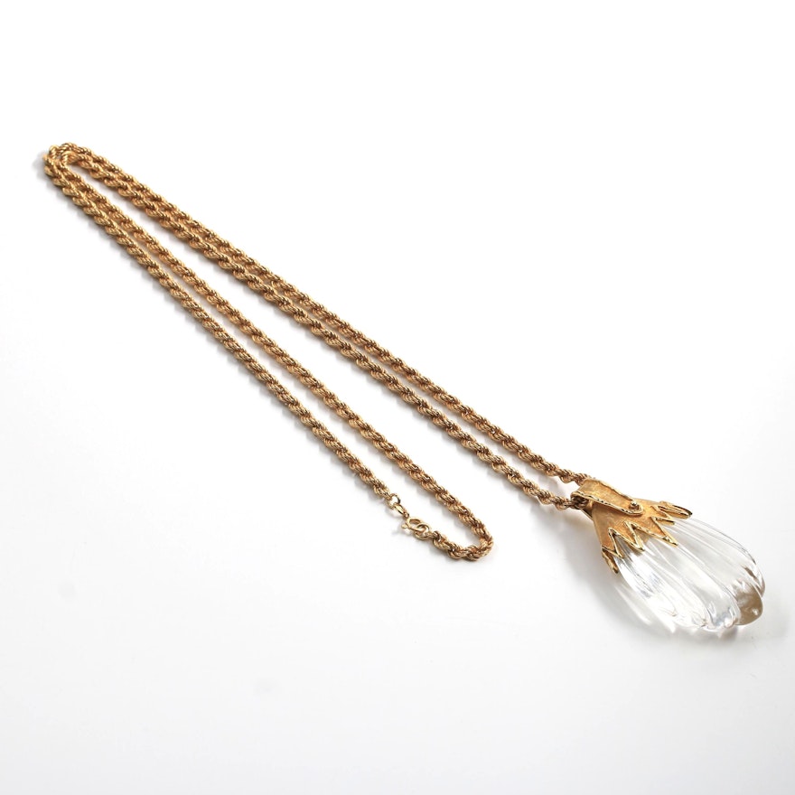 Jean Paris 18K Yellow Gold Carved Quartz Crystal Pendant Chain Necklace