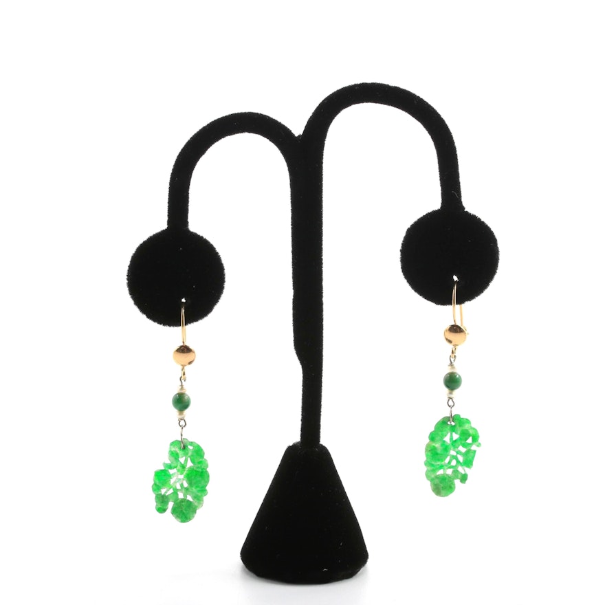 Delicate Carved Jadeite Earrings on 10K Yellow Gold Wires