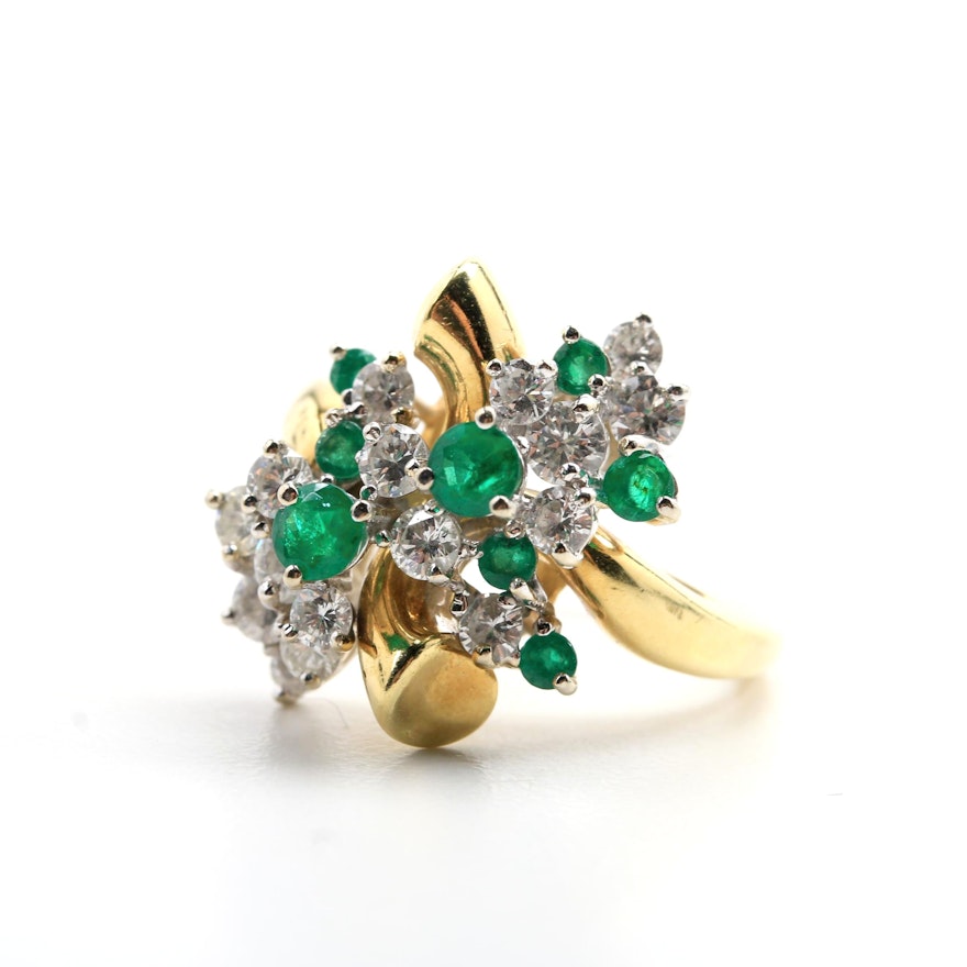 18K Yellow Gold Diamond and Emerald Bypass Waterfall Ring