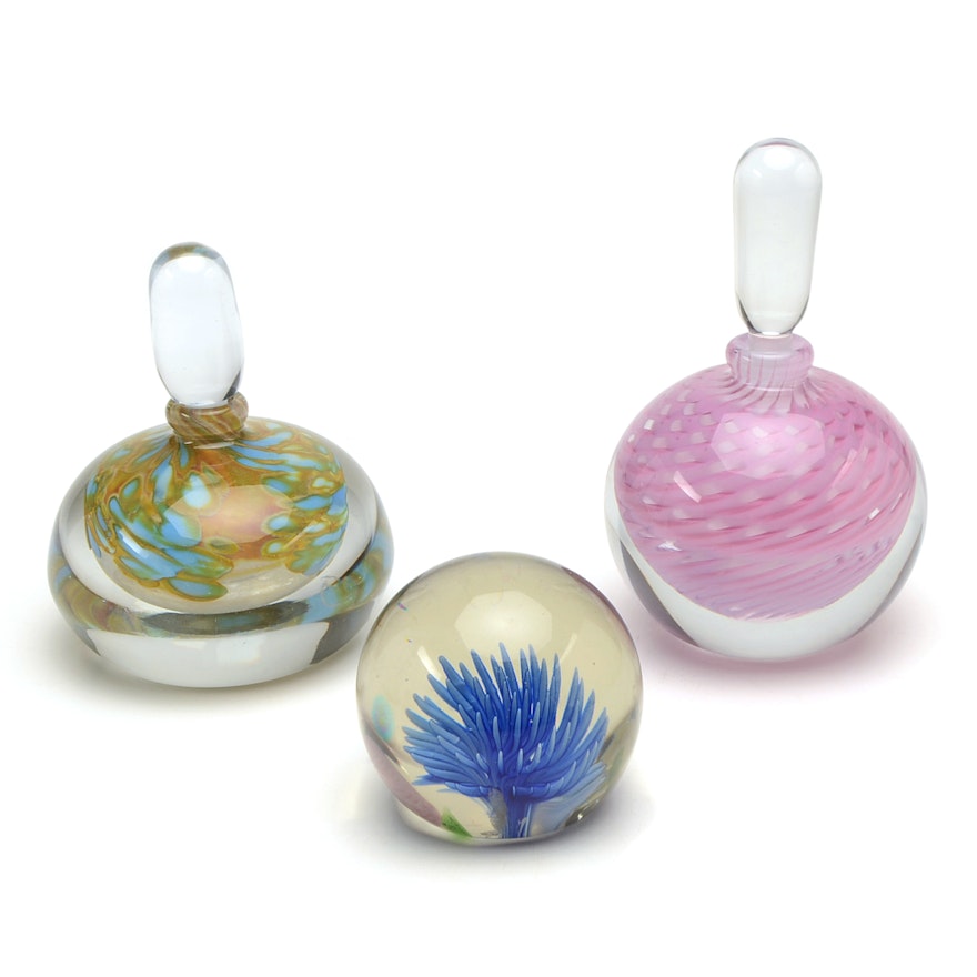 T Steinman Signed Blown Glass Perfume Bottles and a Paperweight