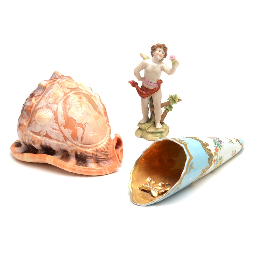 Two German Porcelain Collectibles with Cameo Carved Shell