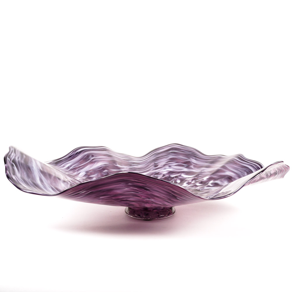 Zac Gorell 2009 Freeform Footed Art Glass Platter in Swirled Purple and White
