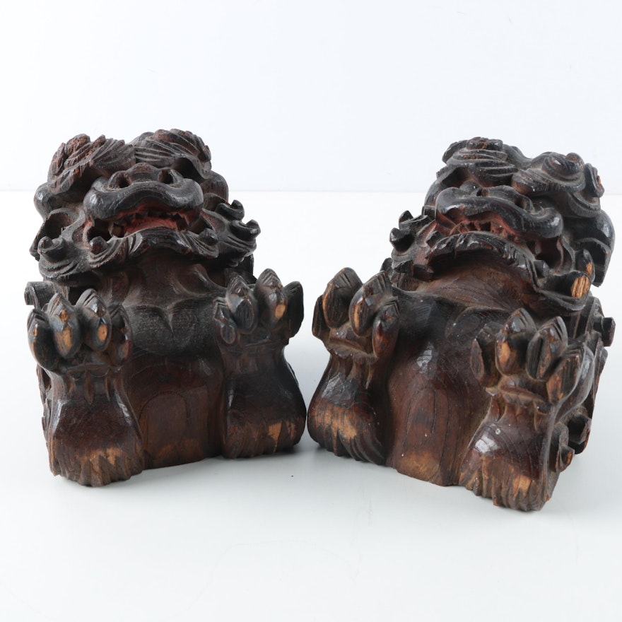 Carved Guardian Lion Wooden Bookends