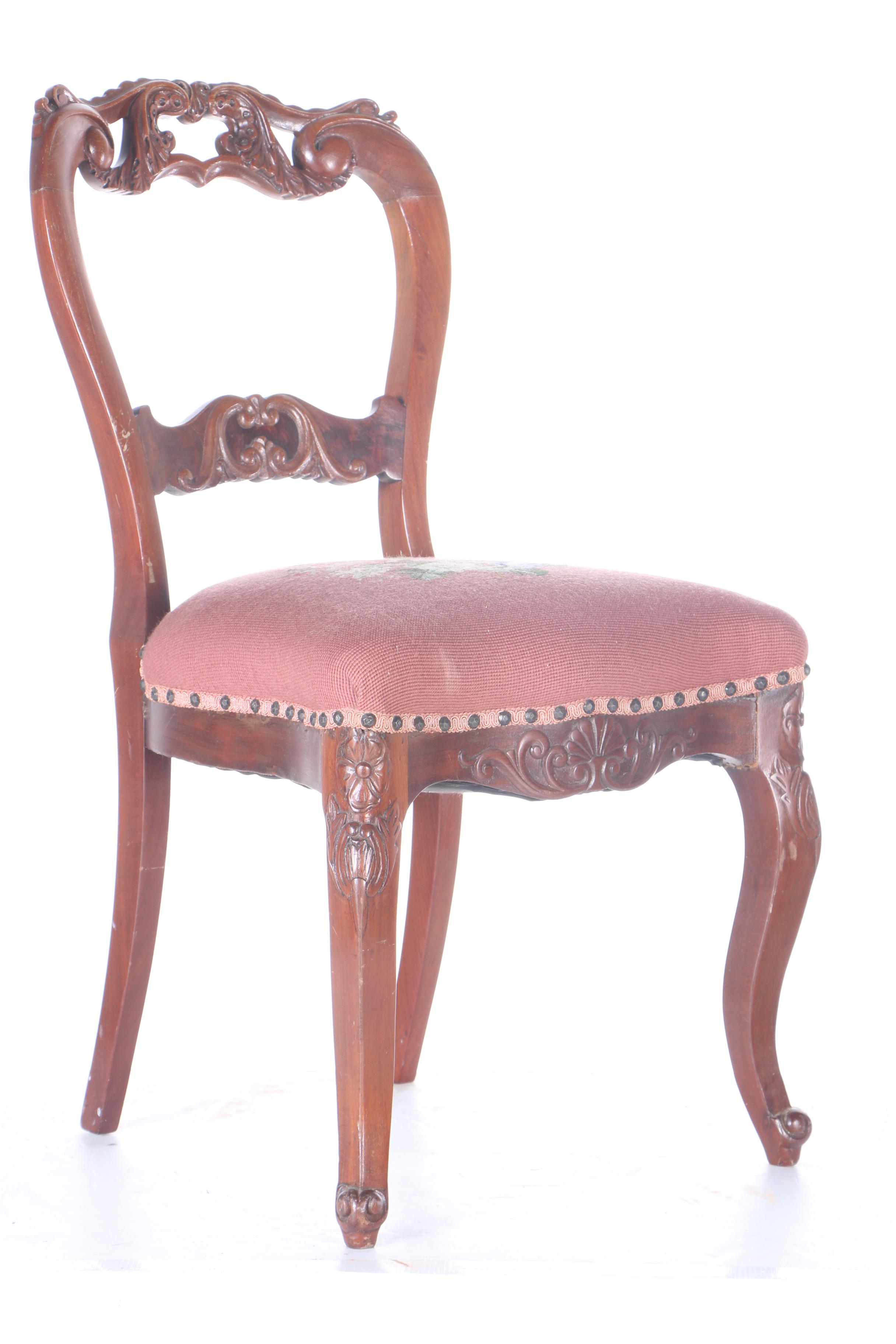 Antique Carved Mahogany Side Chairs with Needlepoint Seats