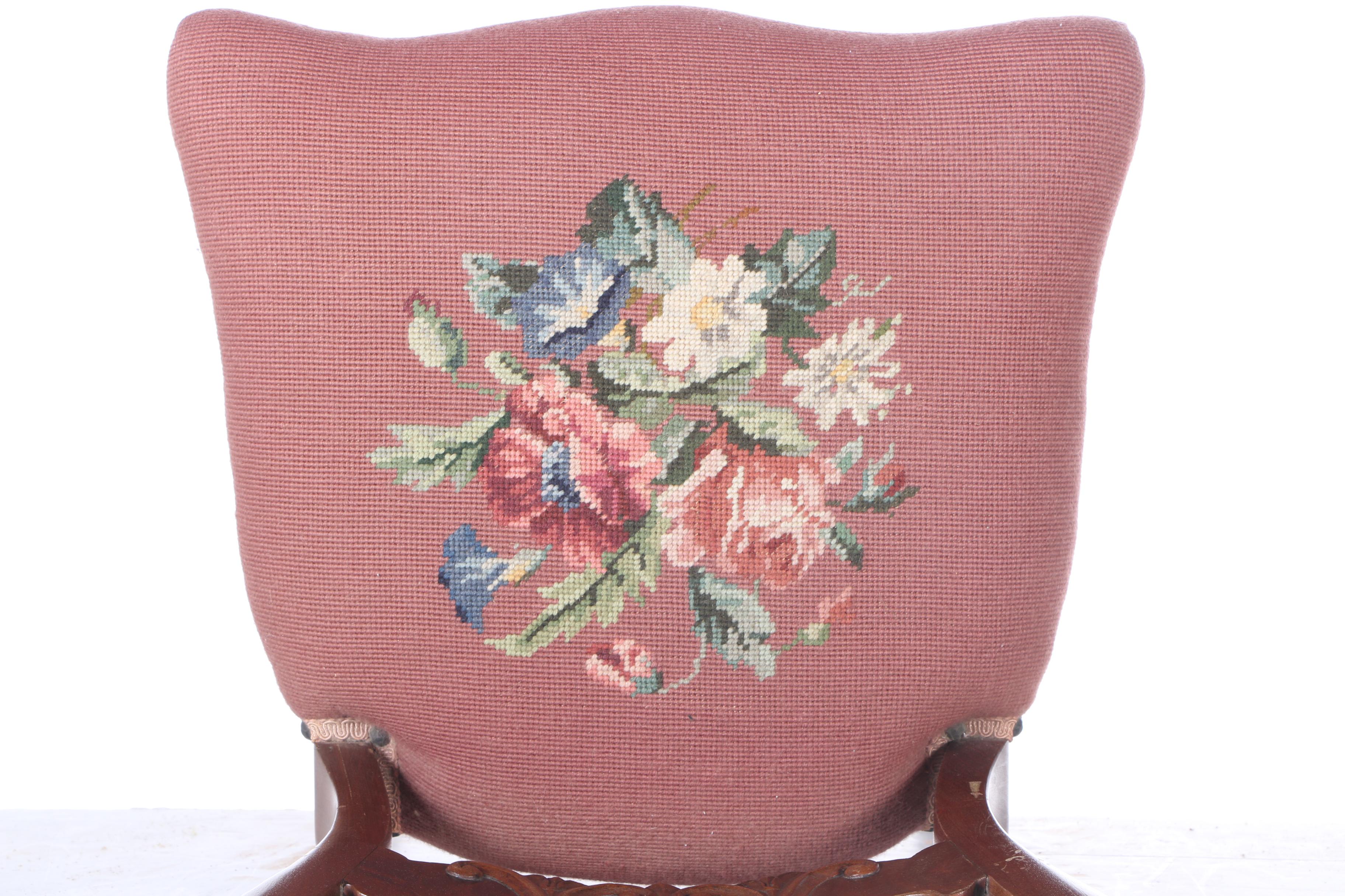 Antique Carved Mahogany Side Chairs with Needlepoint Seats