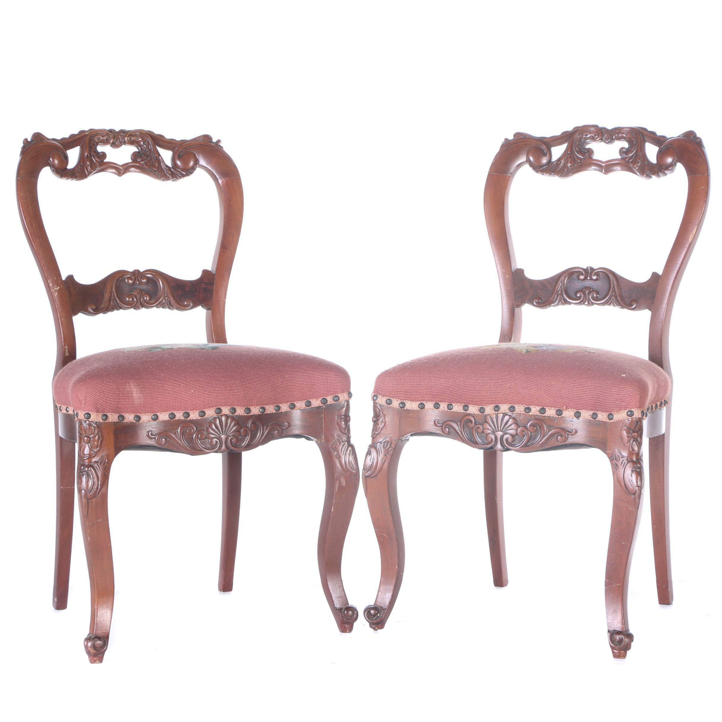 Antique Carved Mahogany Side Chairs with Needlepoint Seats