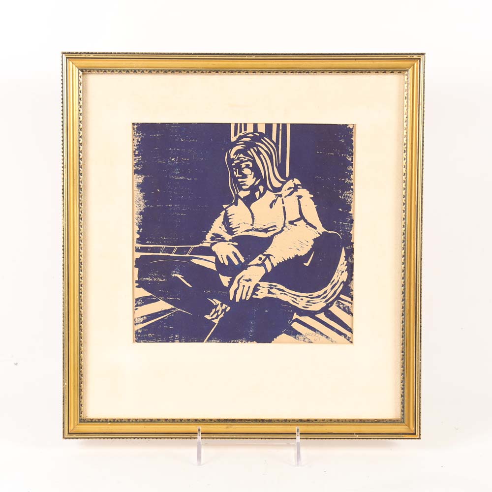Baker 1967 Woodblock Print "The Guitarist"