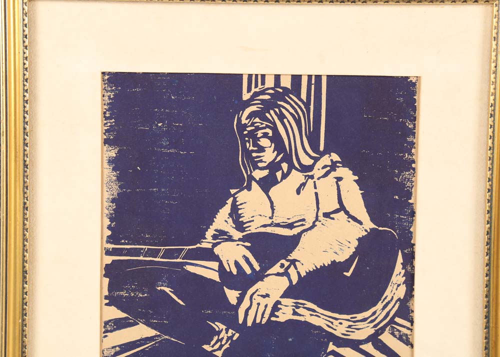 Baker 1967 Woodblock Print "The Guitarist"
