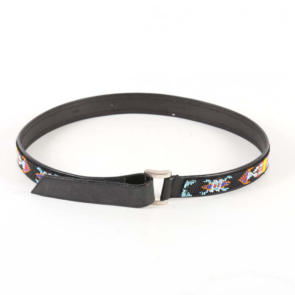 Southwestern Style Beaded Black Leather Belt
