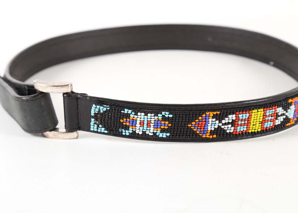 Southwestern Style Beaded Black Leather Belt
